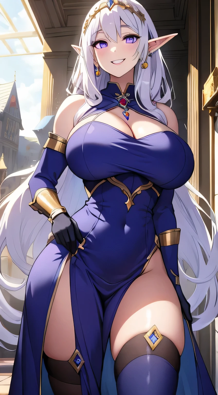 olga discordia, long white hair, long elf ears, dark elf, colored skin, blue skin, hair stick, bangs, violet eyes, solo, smiling, standing, upper body, hips, bare shoulders,purple thighhighs,violet dress, gold jewelry,armor,gloves,circlet, cleavage, red and gold royal castle, gigantic breasts, (best quality, masterpiece, beautiful and aesthetic:1.2, highest detailed face, perfect face,) eyes, perfect face,expressive eyes,
looking at viewer, in the center of the image,(Upper_body),(Focus on her face),
official art,extremely detailed CG unity 8k wallpaper, perfect lighting,Colorful,
(masterpiece:1.0),(best_quality:1.0), ultra high res,4K,ultra-detailed