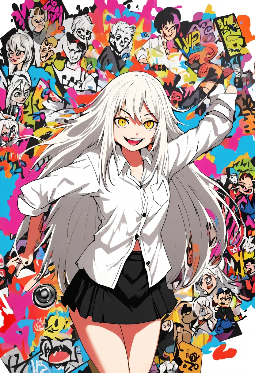 Graffiti caricatures,openness and discretion, Messy but organized,Bright colors、Strong contrast,simple, direct and brutal,personalization and expression, (1 girl), (alone), (female focus), (Alcohol, white hair, very long hair), golden eyes, clear smile, open mouth, ((White shirt), (button shirt), (gap button)), ((black skirt), (short skirt)), Permanent installation, White background, Put your arms behind your back, dynamic angle