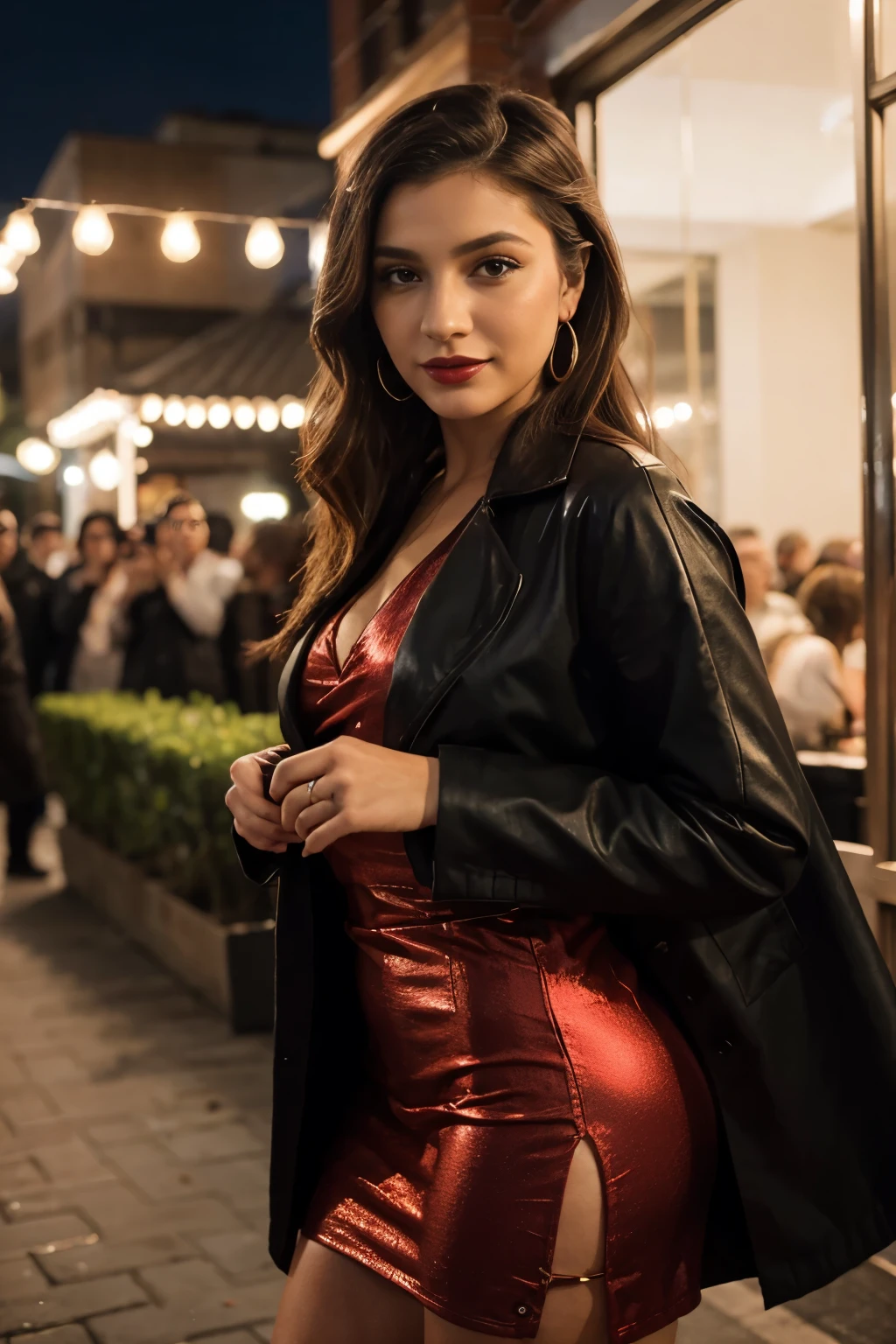 Make Larissa at a party at night, ambiente balada, local escuro com luzes coloridas de balada, Electronic party, she is wearing a red dress and a black coat, She is also wearing a hoop earring in her ear., is wearing lipstick and makeup, In the photo she is enjoying the party and dancing