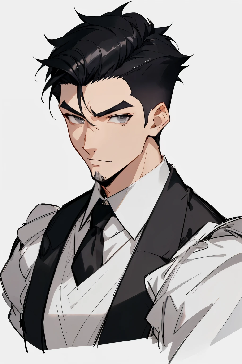 a drawing of a man in ((french maid dress)), concept upperbody art, ((black hair)), ((grey eyes)), undercut, stubble, bristle, male character design, trigger anime artstyle, detailed character portrait, rossdraws, anime style character, detailed character art, human male character art, rossdraws 2.0, ryan glitter concept artist