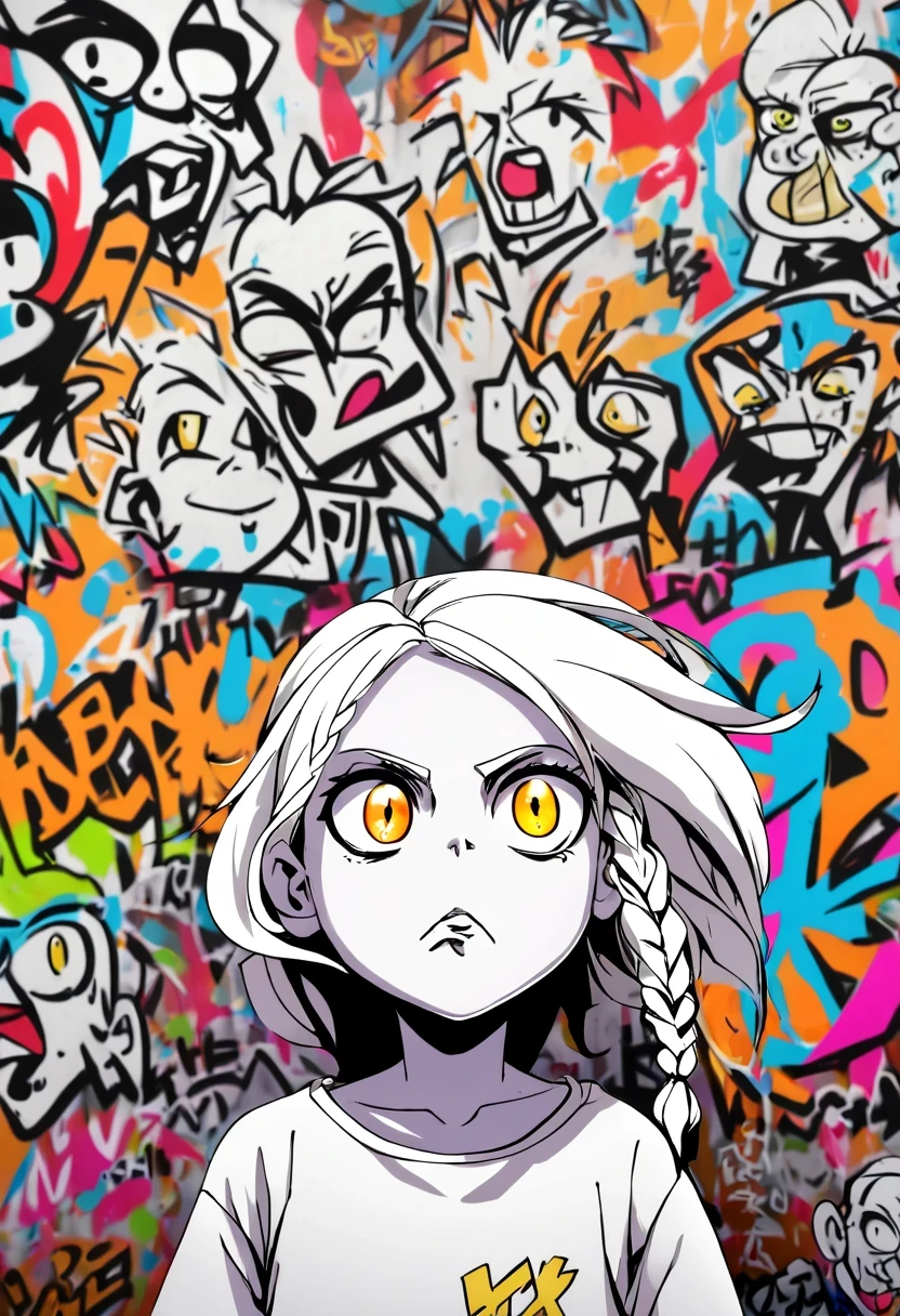  Graffiti caricatures，openness and discretion, Messy but organized,Bright colors、Strong contrast,simple, direct and brutal,personalization and expression,白色的hair, golden eyes,White clothes, look up, Upper body,hair,White skin,Side braids