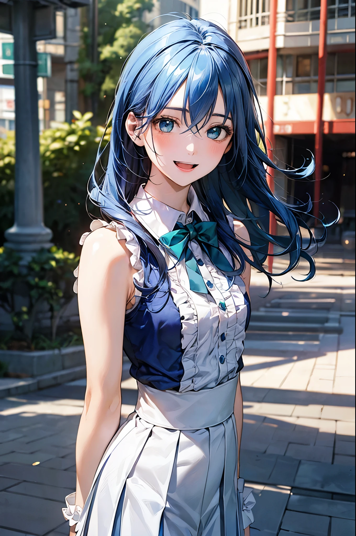 (masterpiece:1.3, top-quality), (realistic, photorealistic:1.4), beautiful illustration, (natural side lighting, movie lighting), depth of fields,
looking at viewer, (face focus, upper body), 1 girl, japanese, high school girl, perfect face, cute and symmetrical face, shiny skin,
(long hair:1.7, straight hair:1.4, light blue hair), hair between eyes, emerald green eyes, long eye lasher, (large breasts: 0.9), slender, (light blue headband),
beautiful hair, beautiful face, beautiful detailed eyes, beautiful clavicle, beautiful body, beautiful chest, beautiful thigh, beautiful legs, beautiful fingers, break,
((sleeveless white frill collared shirt, white boots)), break,
blue bow tie, blue pleated skirt, break,
(beautiful scenery), evening, (outdoors), standing, hands between legs, (happy smile, open mouth small),