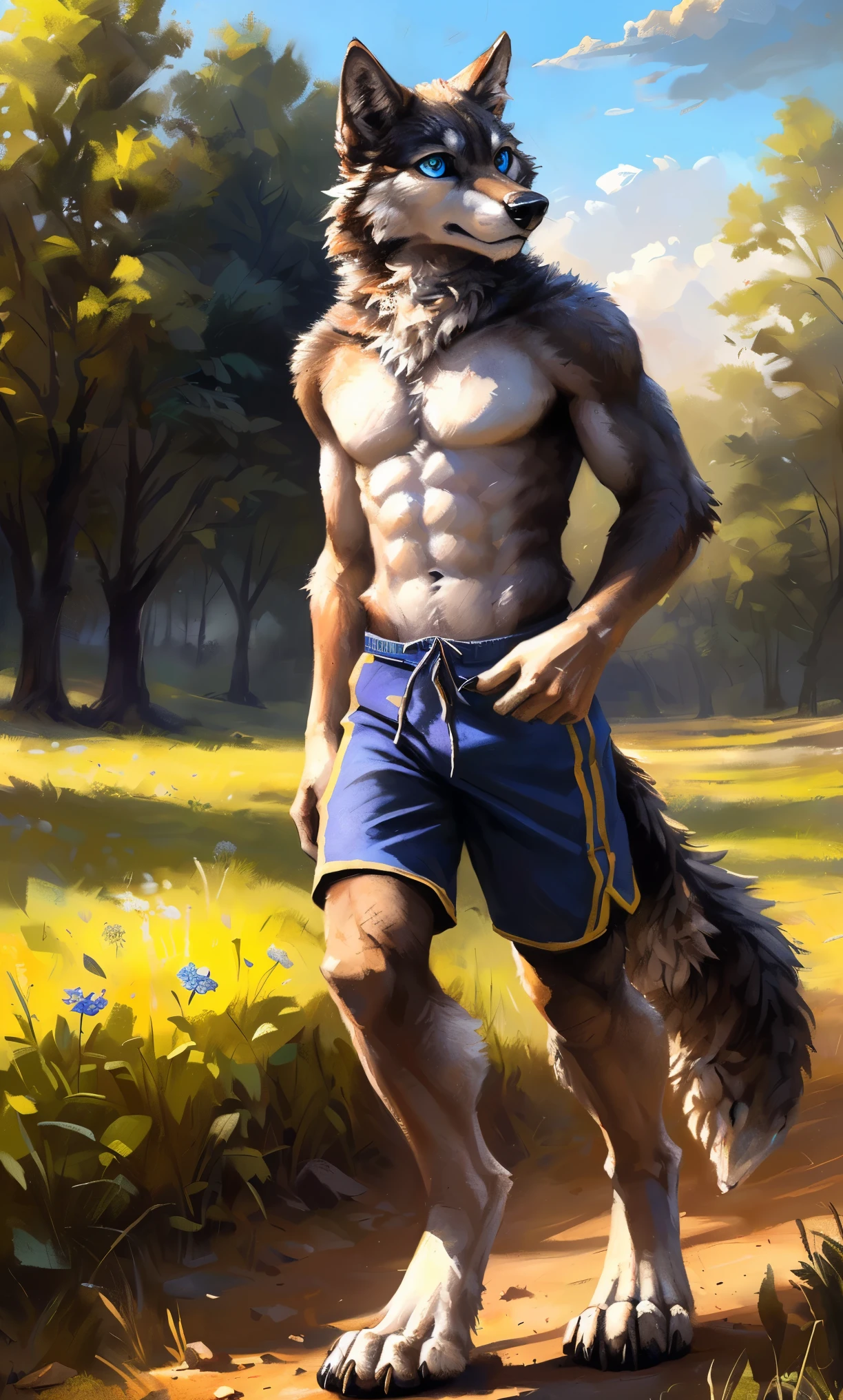 ((Solo)), male people, anthro wolf, (Multi-colored fur, White-brown:1.3，White tail pointed), (Height 2.1m,Tail length 1.2m), ((Wolf face, Big eyes, White eyelids, Blue pupil, Slim:1.2) (Tough, Calm expression:1.2)), Abs, Slim, pinging)), (Correct anatomy), (Work shorts:1.1), The upper body  naked, (detailed outfits),A long big tail，Feet，(Realistic fur, Detailed fur texture, labeled:1.3)), (Natural lighting), Photorealistic, Hyperrealistic, ultradetailed, by Kenket，Field，erect through，Running on