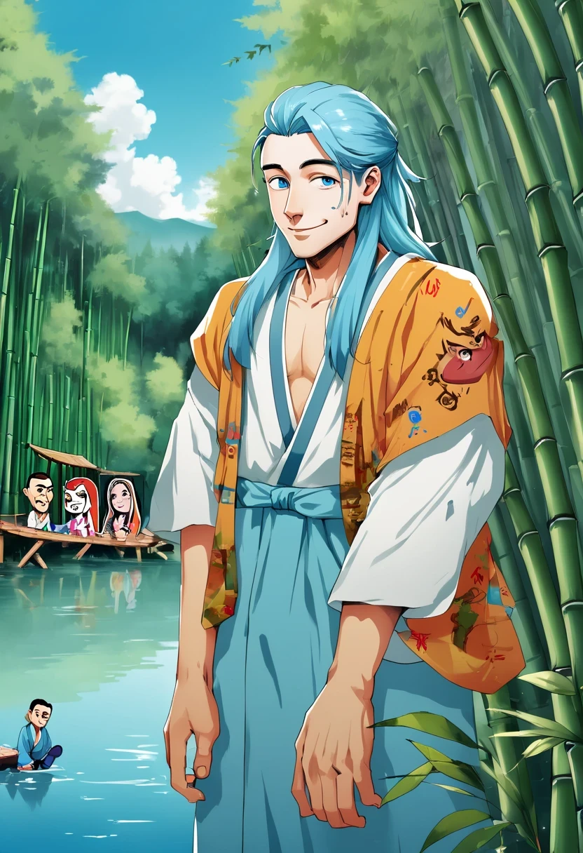  Graffiti caricatures，openness and discretion, Messy but organized,Bright colors、Strong contrast,simple, direct and brutal,personalization and expression， illustration, 1 boy, Chinese style, ink, sky blue hair, long hair, exquisite eyes, The fun of Forrest Gump, bare shoulders, Hanfu, lake, pure, gentle smile, bamboo, Tea