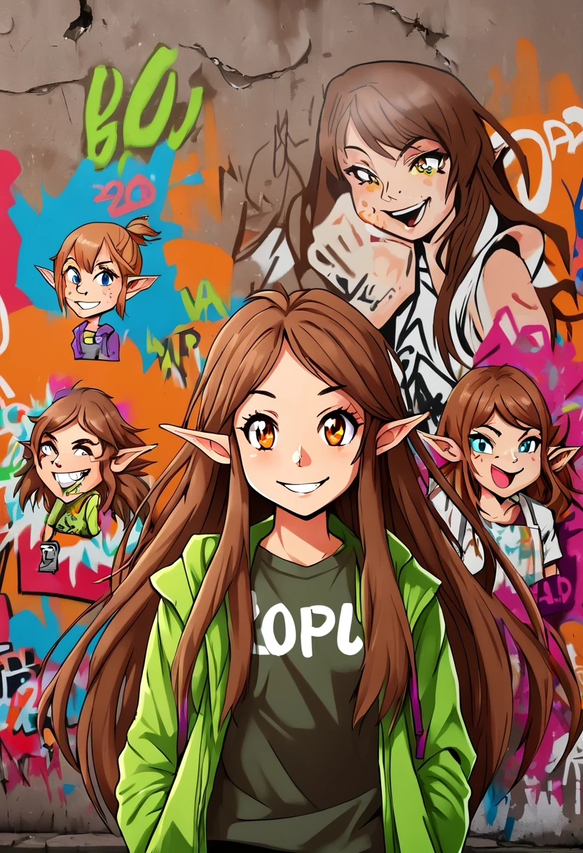 Graffiti caricatures,Publicity and casualness, Messy but organized,Bright colors and strong contrast,simple, direct and crude,Personalization and Expression, 20 year old girl, ((adventurous)) Elf, ((beautiful)) and ((happy)), ((brown hair)) and ((long hair)).
