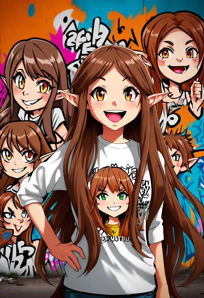 Graffiti caricatures,Publicity and casualness, Messy but organized,Bright colors and strong contrast,simple, direct and crude,Personalization and Expression, 20 year old girl, ((adventurous)) Elf, ((beautiful)) and ((happy)), ((brown hair)) and ((long hair)).