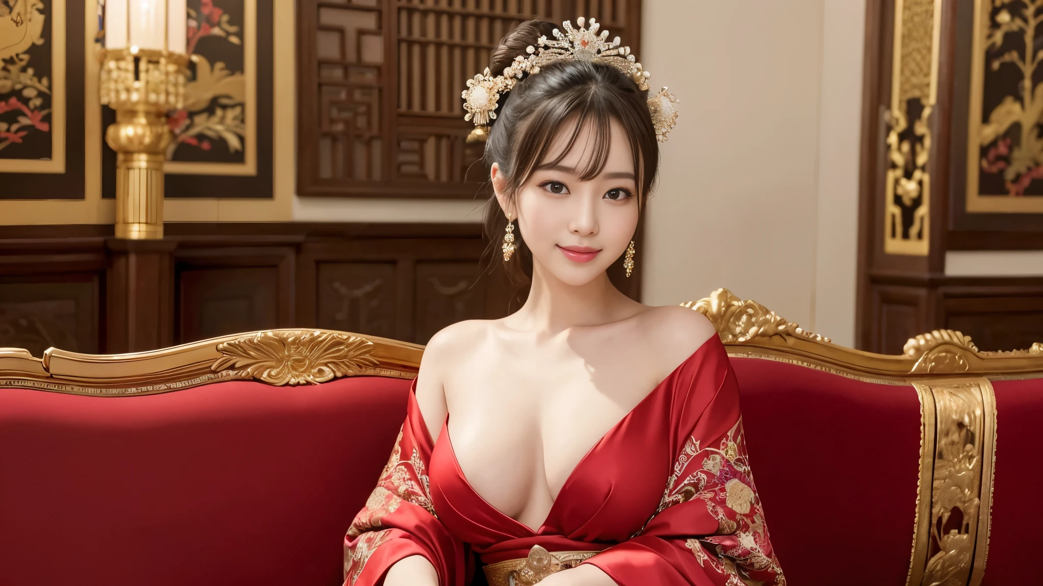 (8K, RAW photo, highest quality, masterpiece: 1.2), (realistic, realistic: 1.37), ancient China、A room in the imperial court at the end of the Later Han Dynasty。The empress is、Facing forward on a luxurious sofa、She is wearing a gorgeous red Chinese dress。The shoulders and chest are exposed、I can see your nipples。those nipples are erect。With a beautiful face、She is wearing the fashionable hair ornaments of the time.。With a slightly shy expression、smiling brightly、Looking at the front。