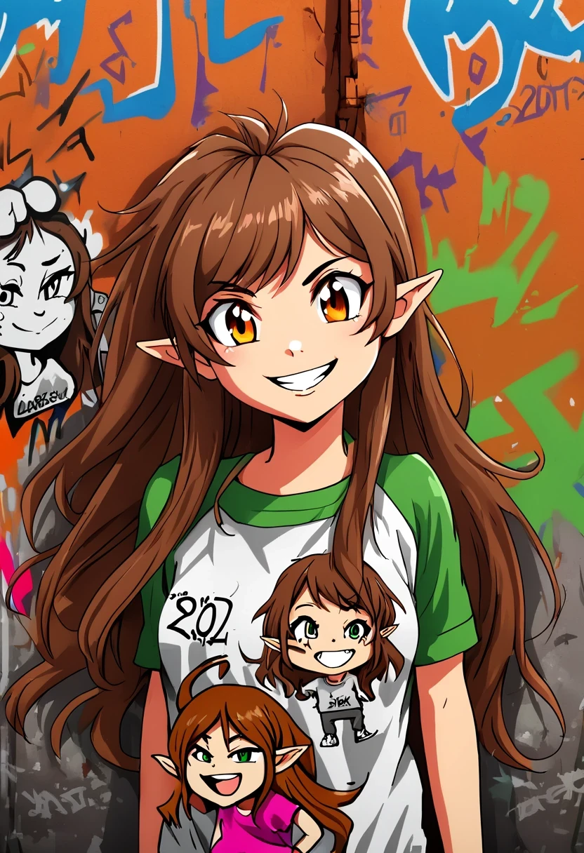 Graffiti caricatures,Publicity and casualness, Messy but organized,Bright colors and strong contrast,simple, direct and crude,Personalization and Expression, 20 year old girl, ((adventurous)) Elf, ((beautiful)) and ((happy)), ((brown hair)) and ((long hair)).