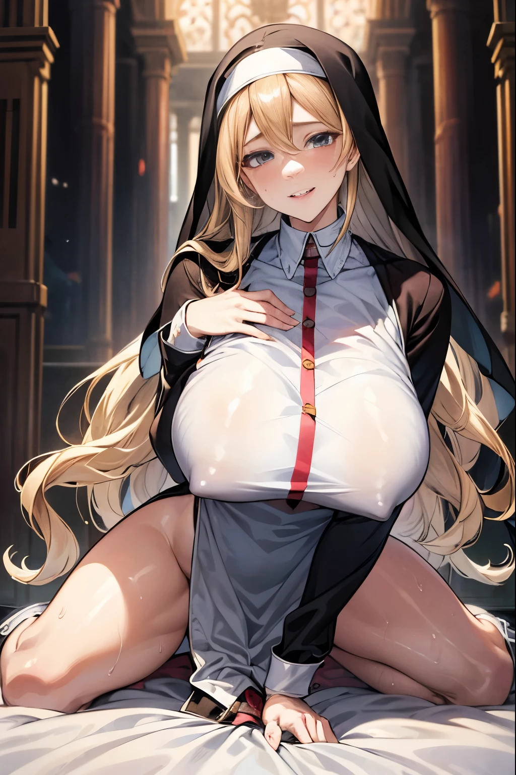 masutepiece, Best Quality, High resolution, solo, 1girl, Full body, Description Girls, detail hands, Detail fingers, Detail Face, cute face, detail legs, overdetailed art, Fine details, Huge breasts, Huge ass, steam, Sweat, long hair, wavy hair, blonde hair, solo, milf, smile, nun, skimpy