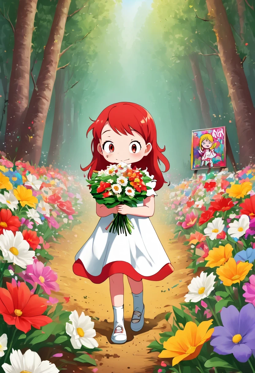 magazine cover, A sign that says the word， Graffiti caricatures，openness and discretion, Messy but organized,Bright colors、Strong contrast,simple, direct and brutal,personalization and expression，There is a little girl in a red and white dress holding a bouquet of flowers, girl among flowers, defloration, holding flowers, choose a flower, 站在girl in flower field, 站在girl in flower field, Flowers for heirs'cheek, girl in flower field, girl in flower field肖像, girl walking in the forest, girl wearing flowers
