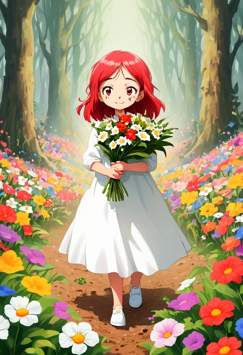 magazine cover, A sign that says the word, Graffiti caricatures,openness and discretion, Messy but organized,Bright colors、Strong contrast,simple, direct and brutal,personalization and expression,There is a girl in a red and white dress holding a bouquet of flowers, girl among flowers, defloration, holding flowers, choose a flower, 站在girl in flower field, 站在girl in flower field, Flowers for heirs'cheek, girl in flower field, girl in flower field肖像, girl walking in the forest, girl wearing flowers