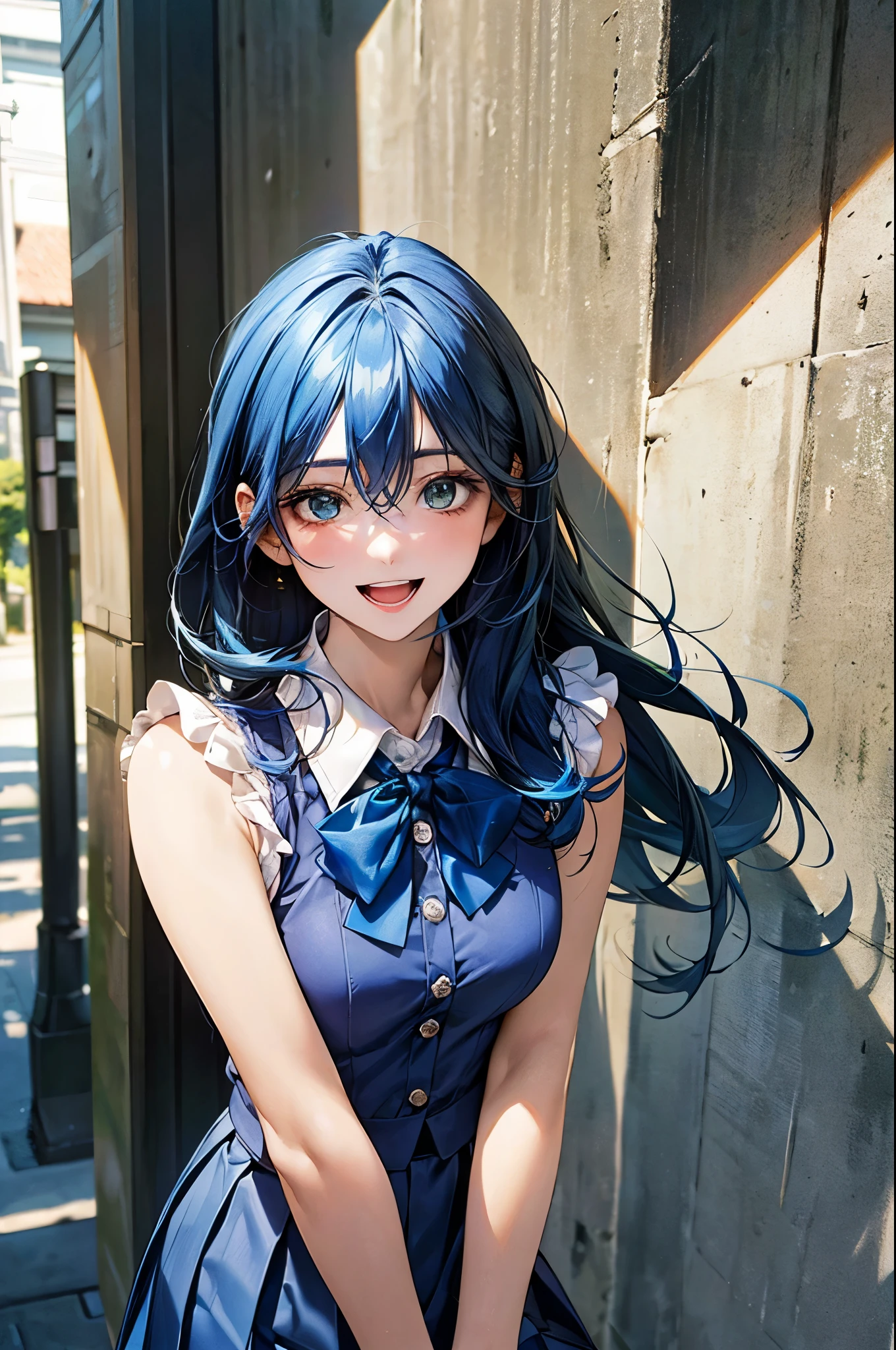 (masterpiece:1.3, top-quality), (realistic, photorealistic:1.4), beautiful illustration, (natural side lighting, movie lighting), depth of fields, 
looking at viewer, (face focus, upper body), 1 girl, japanese, (idol), high school girl, perfect face, cute and symmetrical face, shiny skin, 
(long hair:1.7, straight hair:1.4, light blue hair), hair between eyes, emerald green eyes, long eye lasher, (large breasts: 0.9), slender, (dark blue headband), 
beautiful hair, beautiful face, beautiful detailed eyes, beautiful clavicle, beautiful body, beautiful chest, beautiful thigh, beautiful legs, beautiful fingers, break, 
((sleeveless white frill collared shirt, white boots)), break, 
blue bow tie, blue pleated skirt, break, 
(beautiful scenery), evening, (outdoors), standing, hands between legs, (happy smile, open mouth small), 