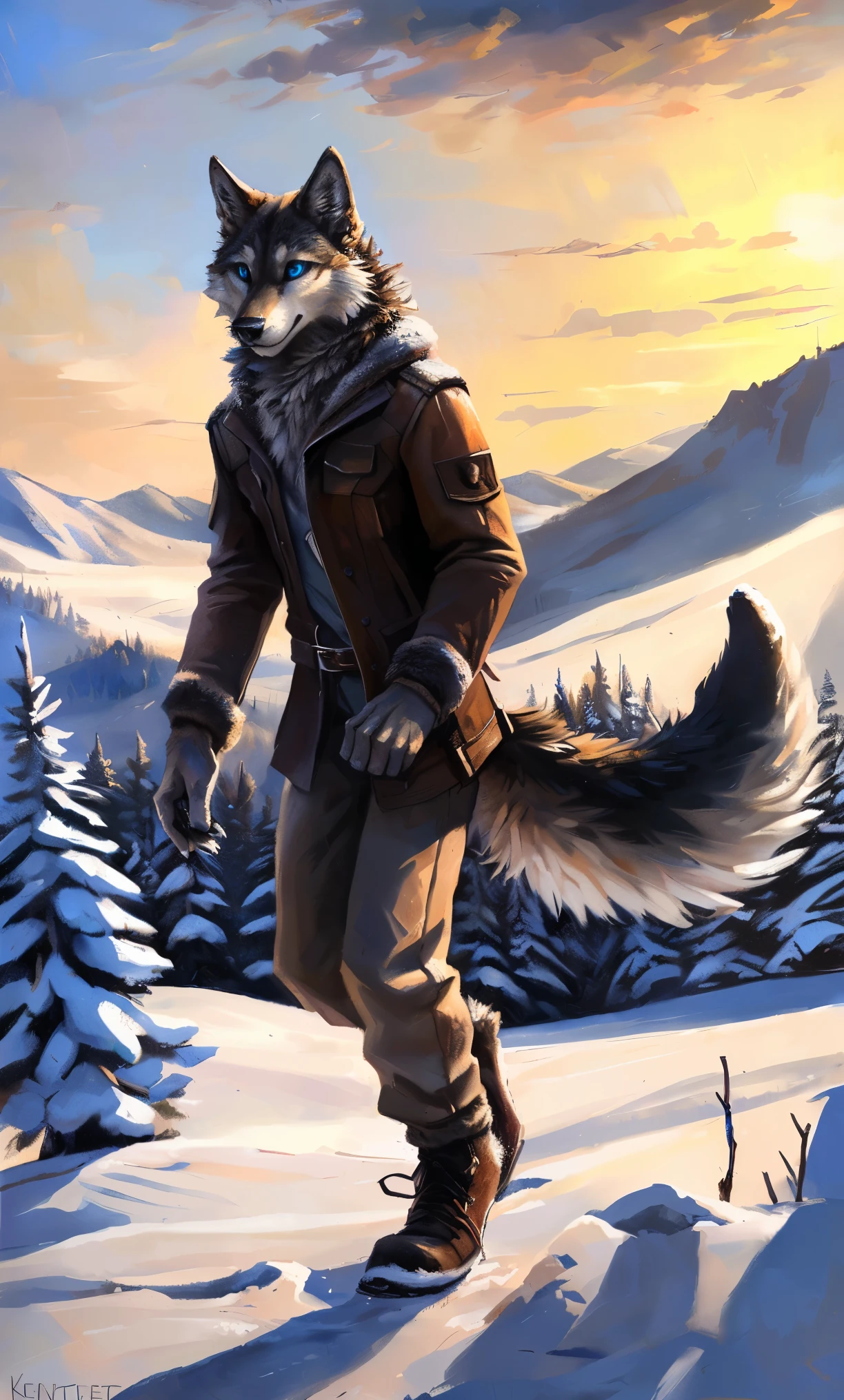 ((Solo)), male people, anthro wolf, (Multi-colored fur, White-brown:1.3,White tail pointed), (Height 2.1m,Tail length 1.2m), ((Wolf face, Big eyes, White eyelids, Blue pupil, Slim:1.2) (Tough, Calm expression:1.2)), Slim, pinging)), (Correct anatomy), (Winter clothing:1.1), The upper body naked, (detailed outfits),A long big tail,Feet,(Realistic fur, Detailed fur texture, labeled:1.3)), (Natural lighting), Photorealistic, Hyperrealistic, ultradetailed, by Kenket,Snowfield,erect through,Running on