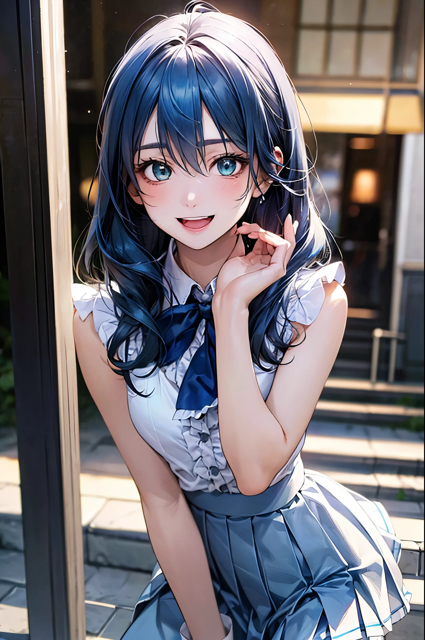 (masterpiece:1.3, top-quality), (realistic, photorealistic:1.4), beautiful illustration, (natural side lighting, movie lighting), depth of fields, 
looking at viewer, (face focus, upper body), 1 girl, japanese, (idol), high school girl, perfect face, cute and symmetrical face, shiny skin, 
(long hair:1.7, straight hair:1.4, light blue hair), hair between eyes, emerald green eyes, long eye lasher, (large breasts: 0.9), slender, (dark blue headband), 
beautiful hair, beautiful face, beautiful detailed eyes, beautiful clavicle, beautiful body, beautiful chest, beautiful thigh, beautiful legs, beautiful fingers, break, 
((sleeveless white frill collared shirt, white boots)), break, 
blue bow tie, blue pleated skirt, break, 
(beautiful scenery), evening, (outdoors), standing, hands between legs, (happy smile, open mouth small), 