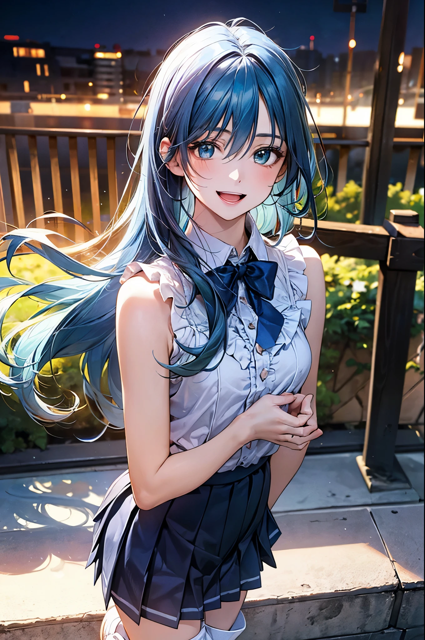 (masterpiece:1.3, top-quality), (realistic, photorealistic:1.4), beautiful illustration, (natural side lighting, movie lighting), depth of fields,
looking at viewer, (face focus, upper body), 1 girl, japanese, (idol), high school girl, perfect face, cute and symmetrical face, shiny skin,
(long hair:1.7, straight hair:1.4, light blue hair), hair between eyes, emerald green eyes, long eye lasher, (large breasts: 0.9), slender, (dark blue headband),
beautiful hair, beautiful face, beautiful detailed eyes, beautiful clavicle, beautiful body, beautiful chest, beautiful thigh, beautiful legs, beautiful fingers, break,
((sleeveless white frill collared shirt, white boots)), break,
blue bow tie, blue pleated skirt, break,
(beautiful scenery), evening, (outdoors), standing, hands between legs, (happy smile, open mouth small),