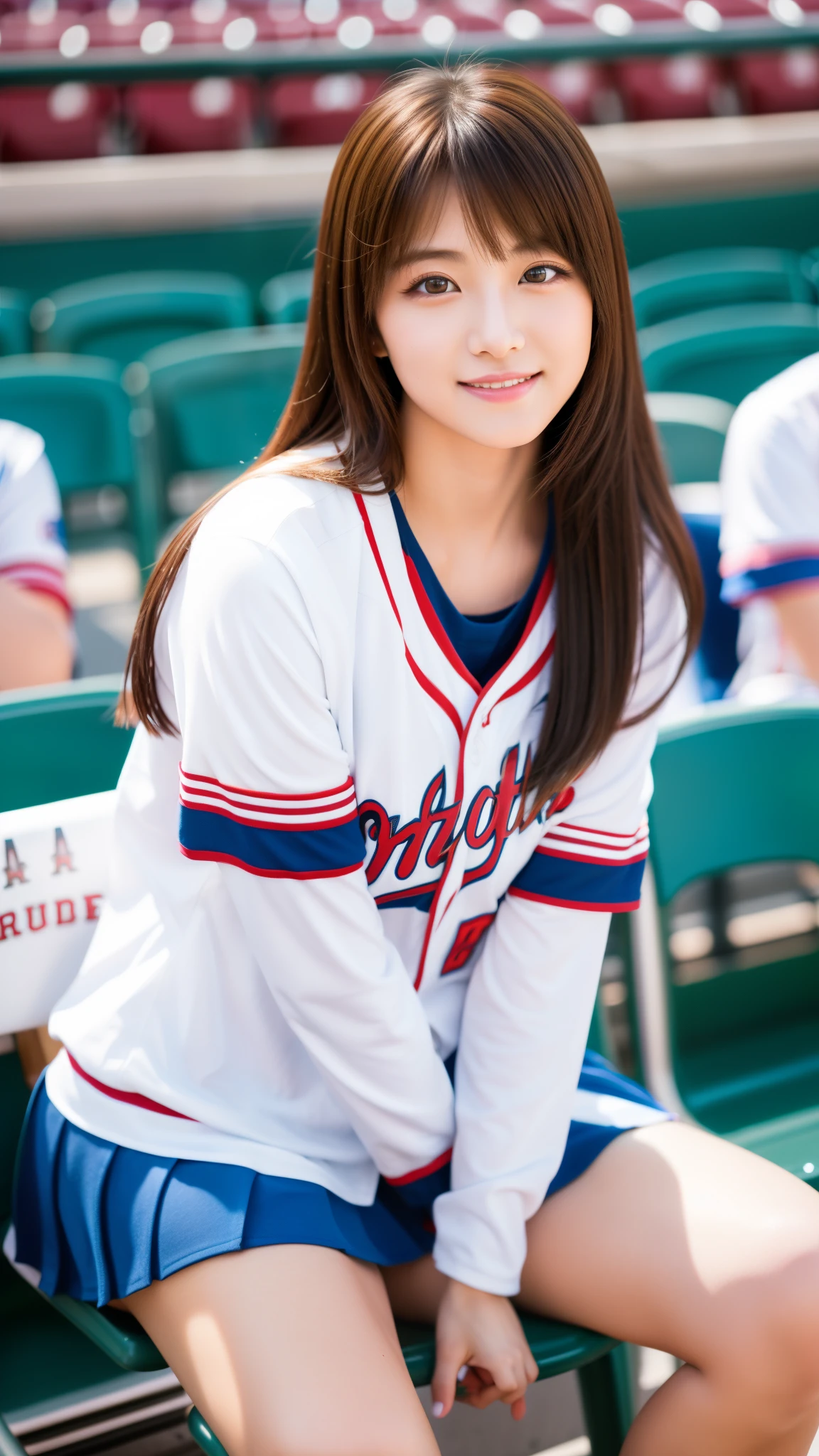 highest quality、high resolution、8K、1 woman、Japanese、25 years old、((Ahe face))、sexy cheerleader、From head to knee、stand、sit on a chair at a baseball stadium