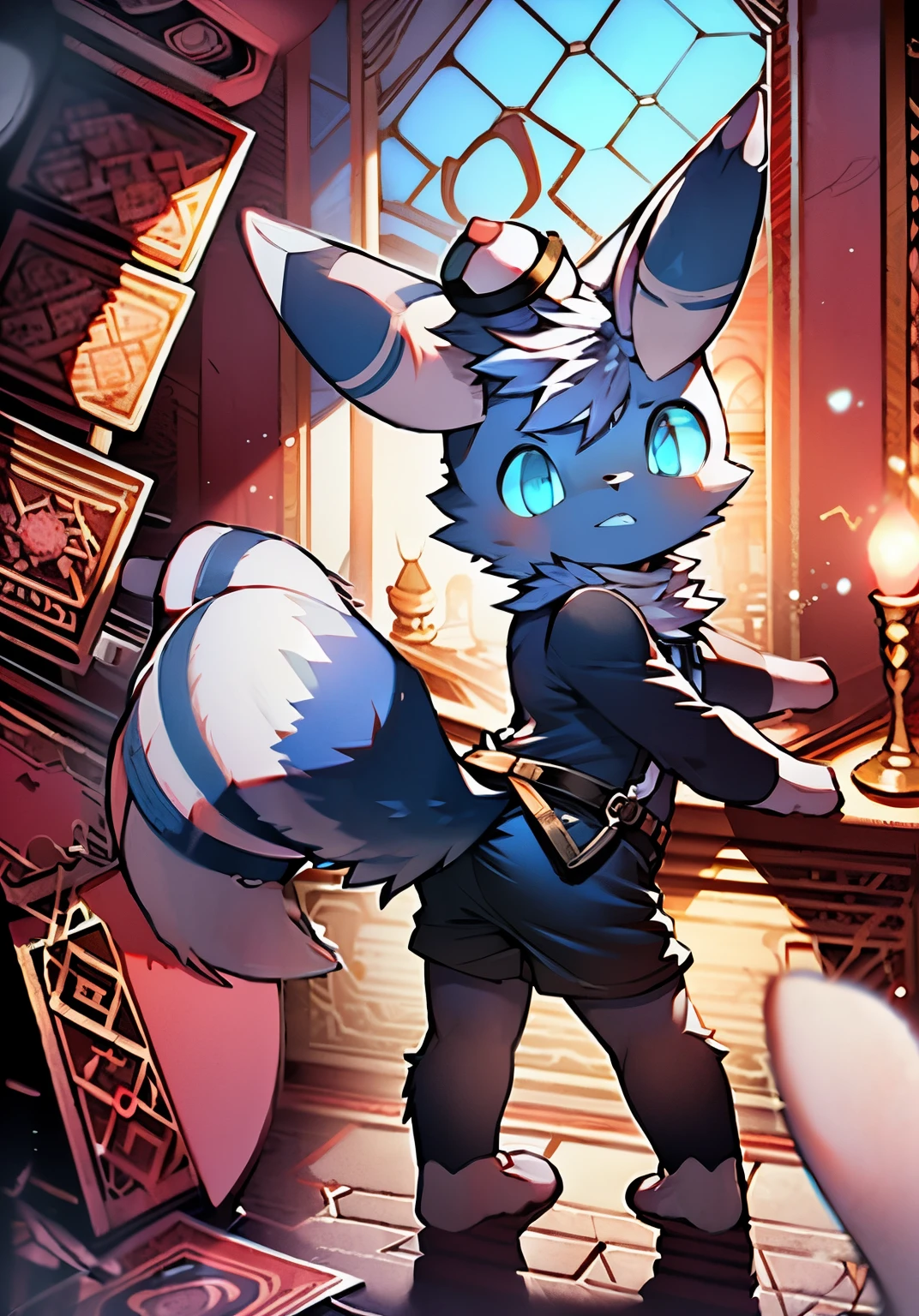masterpiece, high quality, number \(artwork\),(fluffy fur,Character focus:1.1), MEOWSTIC_male,whole body, Shota, boy,juvenile,proudly,Bright Eyes,panoramic,British style,magical world,Fairy tale castle,Character focus.(Detailed background:1.2),alone,hairy male ,male焦点,Hana Charcoal,eyes are very bright, Hana Charcoal,(whole body毛茸茸的, furry tail, Navy blue毛皮, light blue eyes, big ear,white hair,white paws:1.2),(Cats,white shirt,black shorts,belt,Wear suspenders,Wear a top hat,earrings:1.2)panoramic, Character Focus Solo, 毛茸茸的Shota,blue eyes,young style,Detective style,charming,noble,Tiger teeth,mystery,magic circle,Navy blue