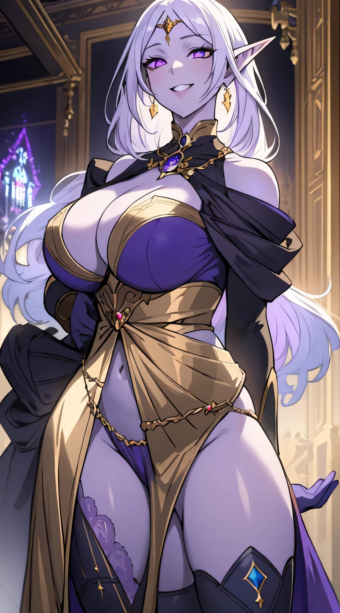 olga discordia, long white hair, long elf ears, dark elf, colored skin, blue skin, hair stick, bangs, violet eyes, solo, smiling, standing, upper body, hips, bare shoulders,purple thighhighs,violet dress, gold jewelry,armor,gloves,circlet, cleavage, red and gold royal castle, gigantic breasts, (best quality, masterpiece, beautiful and aesthetic:1.2, highest detailed face, perfect face,) eyes, perfect face,expressive eyes,
looking at viewer, in the center of the image,(Upper_body),(Focus on her face),
official art,extremely detailed CG unity 8k wallpaper, perfect lighting,Colorful,
(masterpiece:1.0),(best_quality:1.0), ultra high res,4K,ultra-detailed