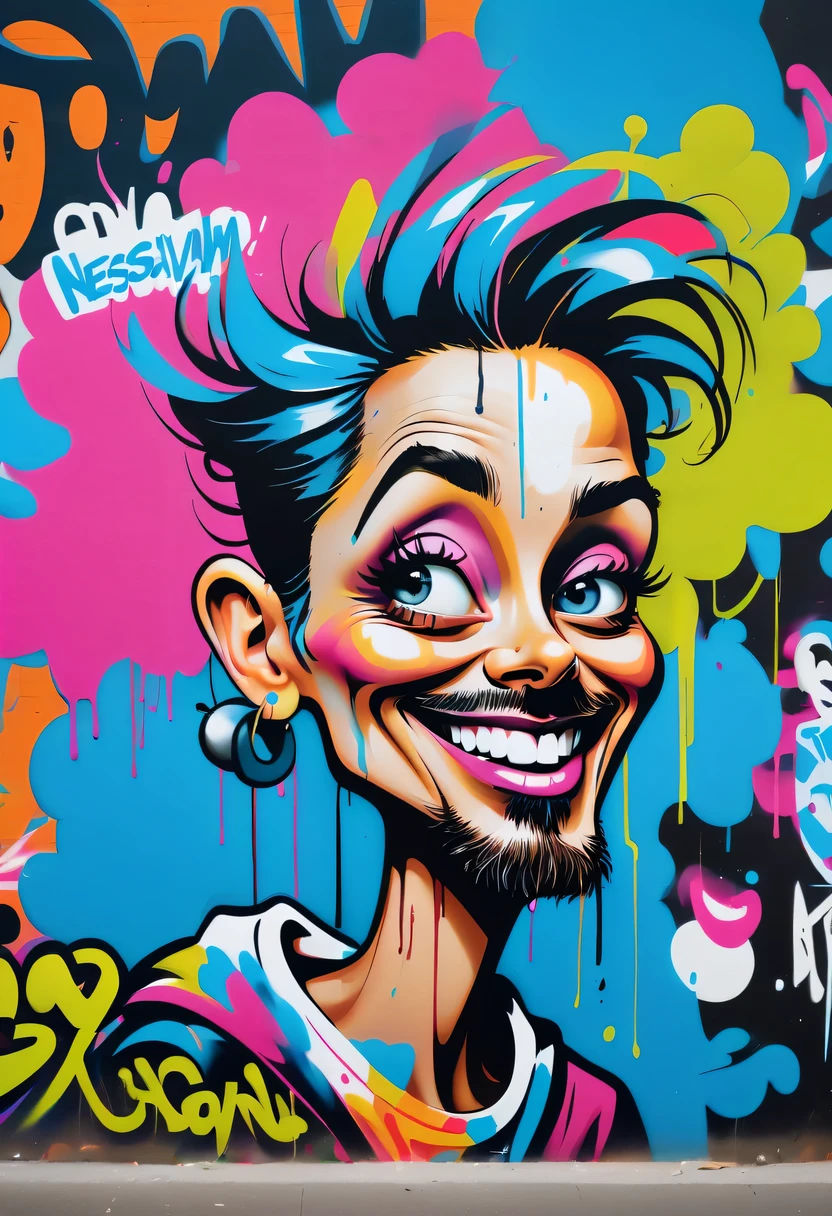 Graffiti caricatures，fashion magazine, A sign that says the word，openness and discretion, Messy but organized,Bright colors、Strong contrast,simple, direct and brutal,personalization and expression