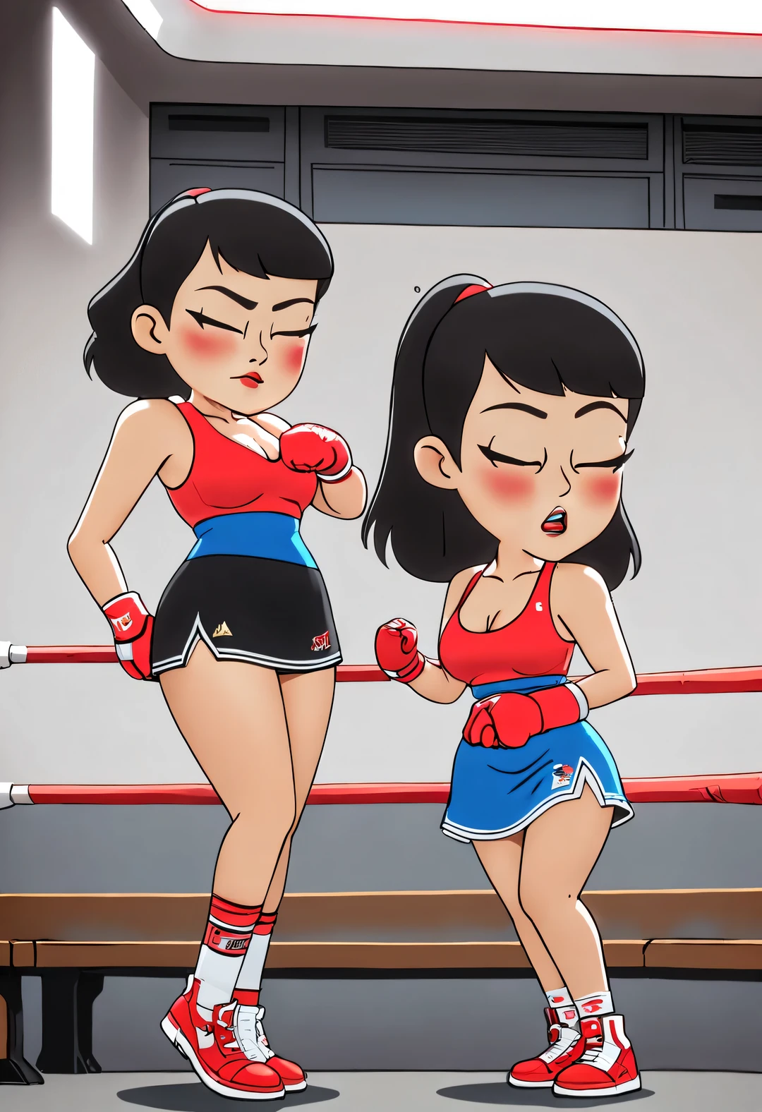 Graffiti caricatures, masterpiece, Fat Jia Ling cries in skirt，Thin Jia Ling wears big red boxing gloves，