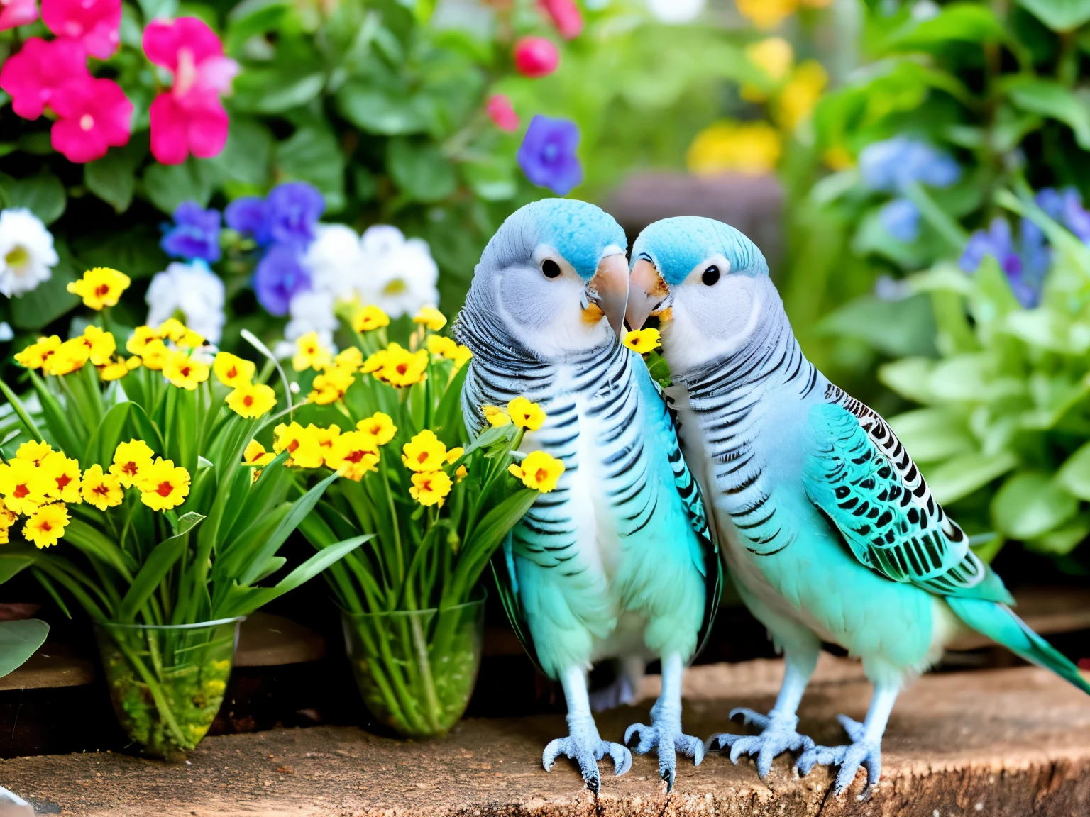 Budgies are playing in the flower garden