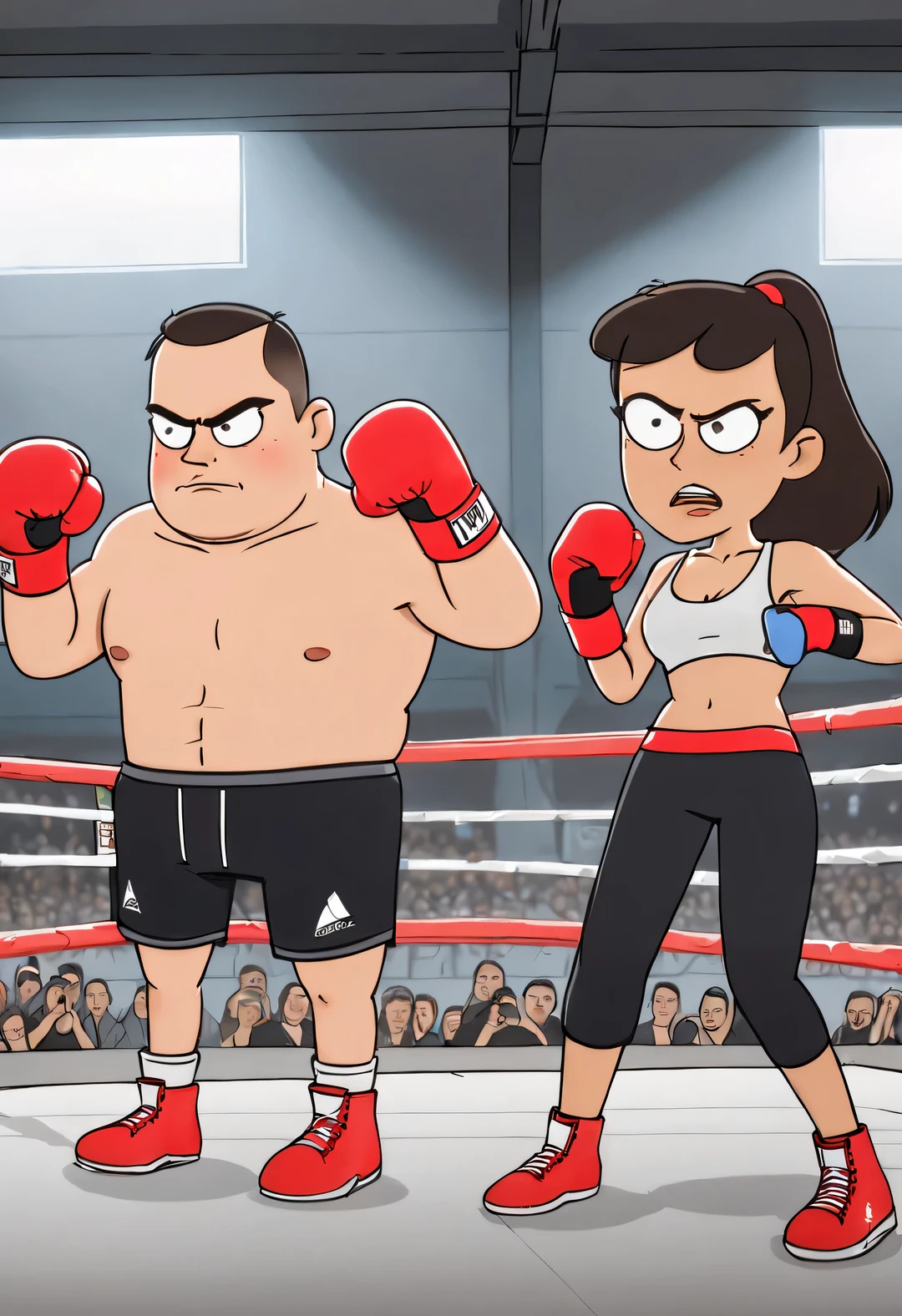 Graffiti caricatures,A fit girl wearing big red boxing gloves is having a boxing match with a fat boy,Background boxing ring