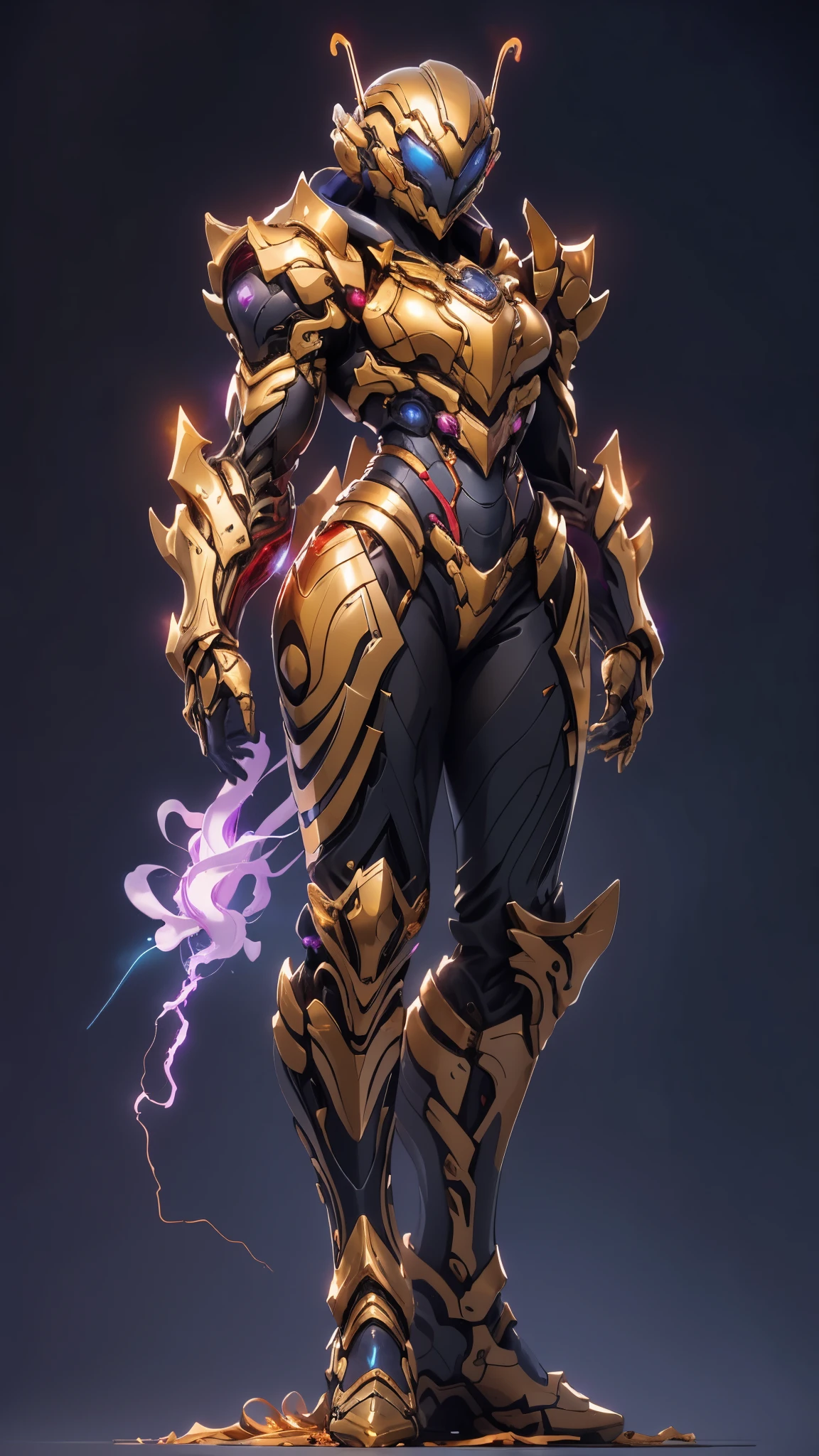 A woman adorned in fantasy-style full-body armor, a crown-concept fully enclosed helmet that unveils only her eyes, a composite layered chest plate, fully encompassing shoulder and hand guards, a lightweight waist armor, form-fitting shin guards, the overall design is heavy-duty yet flexible, ((the armor gleams with a golden glow, complemented by red and blue accents)), exhibiting a noble aura, she floats above a fantasy-surreal high-tech city, this character embodies a finely crafted fantasy-surreal style armored hero in anime style, exquisite and mature manga art style, (Queen bee mixed with Spider concept Armor, plasma, blood), ((Element, energy, elegant, goddess, femminine:1.5)), metallic, high definition, best quality, highres, ultra-detailed, ultra-fine painting, extremely delicate, professional, anatomically correct, symmetrical face, extremely detailed eyes and face, high quality eyes, creativity, RAW photo, UHD, 32k, Natural light, cinematic lighting, masterpiece-anatomy-perfect, masterpiece:1.5