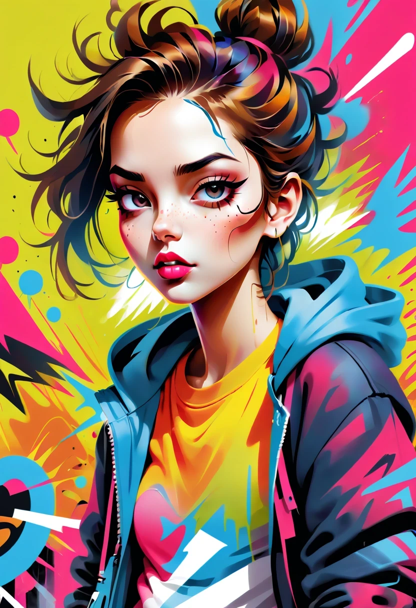 Graffiti caricatures，fashion poster, openness and discretion, Messy but organized,Bright colors、Strong contrast,simple, direct and brutal,personalization and expression