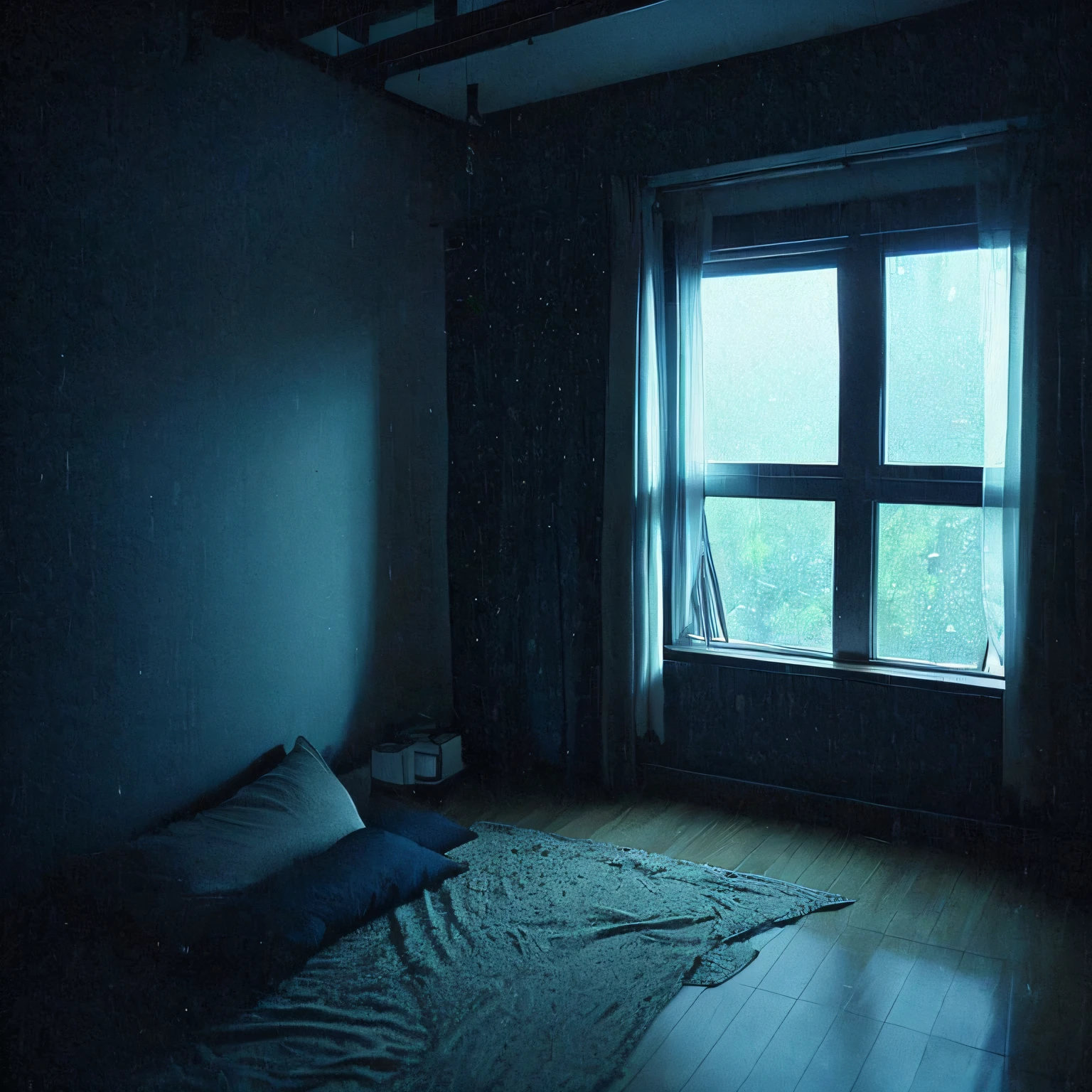 night、dark room、Window frame、Elevated windows、Angle from the corner of the room、Empty room、rain outside the window、window on the left side of the room