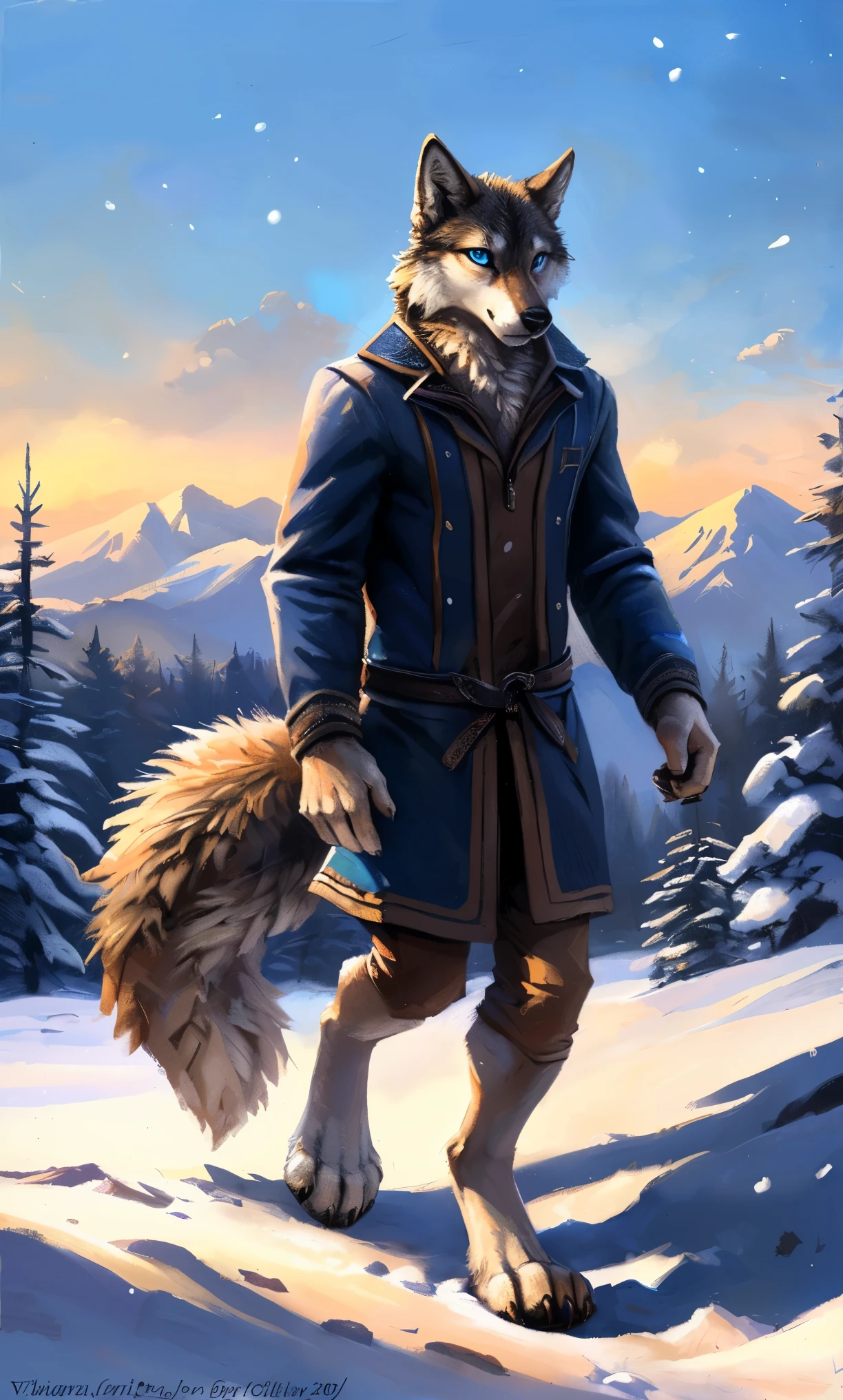 ((Solo)), male people, anthro wolf, (Multi-colored fur, White-brown:1.3,White tail pointed), (Height 2.1m,Tail length 1.2m), ((Wolf face, Big eyes, White eyelids, Blue pupil, Slim:1.2) (Tough, Calm expression:1.2)), Slim, pinging)), (Correct anatomy), (Winter clothing:1.1), The upper body naked, (detailed outfits),A long big tail,Feet,(Realistic fur, Detailed fur texture, labeled:1.3)), (Natural lighting), Photorealistic, Hyperrealistic, ultradetailed, by Kenket,Snowfield,erect through,Running on
