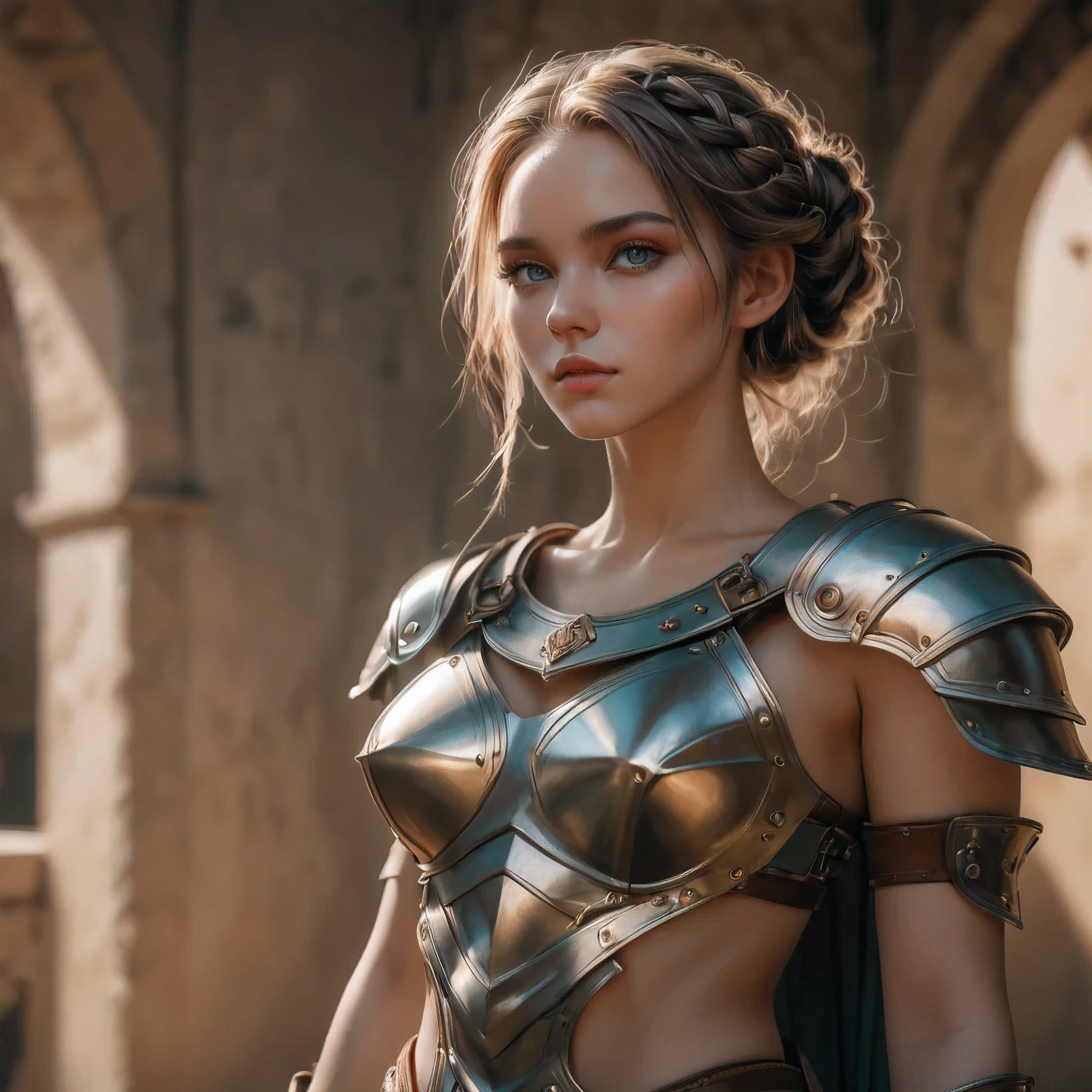 smooth lines, Express expressions and postures through color contrast, The background is simple. emphasize light, shadow and space. ((full body):1.3), Photograph of Maiden beauty. ((Detailed eye):1.3),((fresh)), wearing gladiator armor, painting, (best quality,4K,8k,high resolution,masterpiece:1.2),Super detailed,(actual,photoactual,photo-actual:1.37).