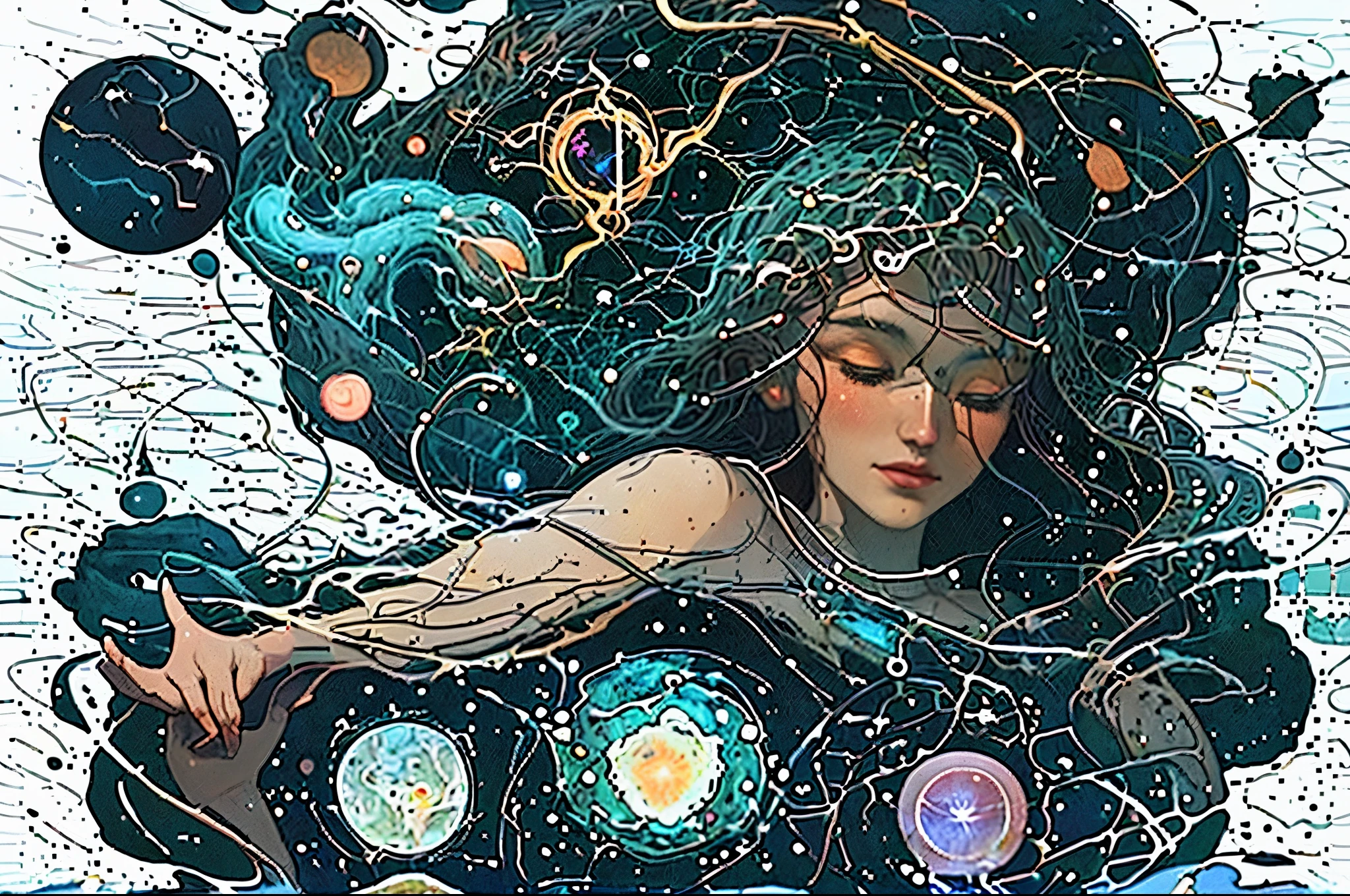 Diving Into The Ether Flowing with The Eternal Soul Through Vibration of love, everything is connected, Flowing energy, Spiritual, divine, dreamlike, cosmic, concept art, mind blowing, feminine beauty, god, pineal gland, dreamlikeart