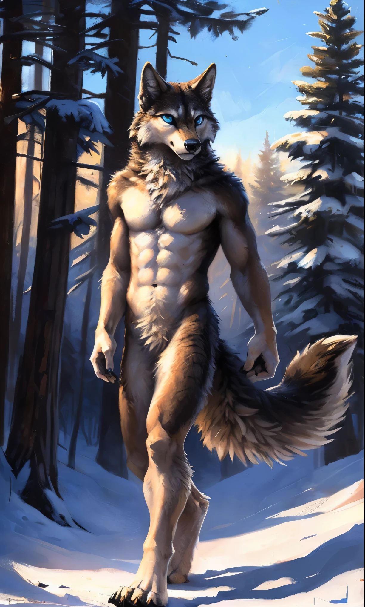 ((Solo)), male people, anthro wolf, (Multi-colored fur, White-brown:1.3,White tail pointed), (Height 2.1m,Tail length 1.5m), ((Wolf face, Big eyes, White eyelids, Blue pupil, Slim:1.2) (Tough, Calm expression:1.2)), Abs, Slim, pinging)), (Correct anatomy), Naked all over the body,A long big tail,Feet,(Realistic fur, Detailed fur texture, labeled:1.3)), (Natural lighting), Photorealistic, Hyperrealistic, ultradetailed, by Kenket,Snowfield,No artifacts, Walking