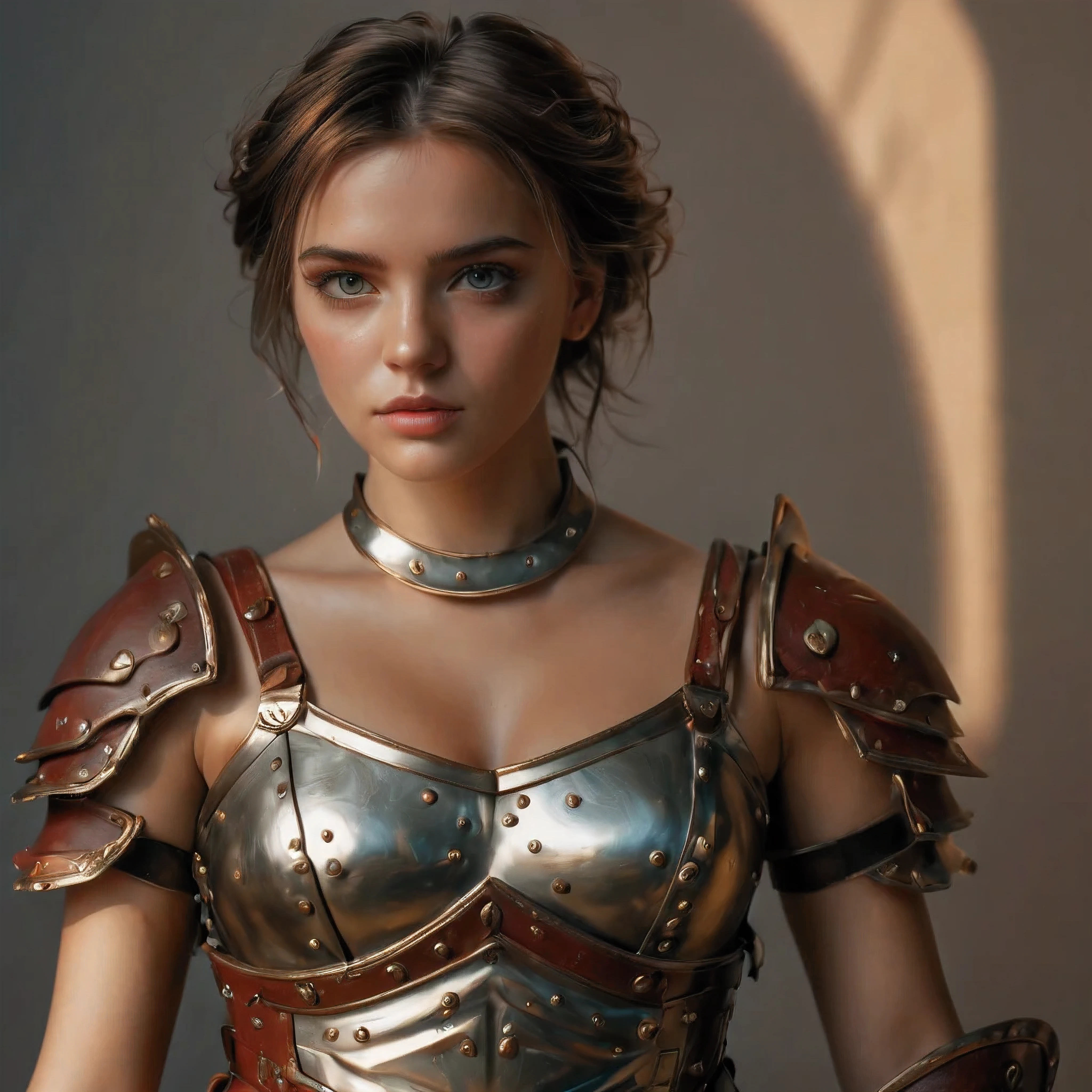 smooth lines, Express expressions and postures through color contrast, The background is simple. emphasize light, shadow and space. ((full body):1.3), Photograph of Maiden beauty. ((Detailed eye):1.3),((fresh)), wearing gladiator armor, painting, (best quality,4K,8k,high resolution,masterpiece:1.2),Super detailed,(actual,photoactual,photo-actual:1.37).