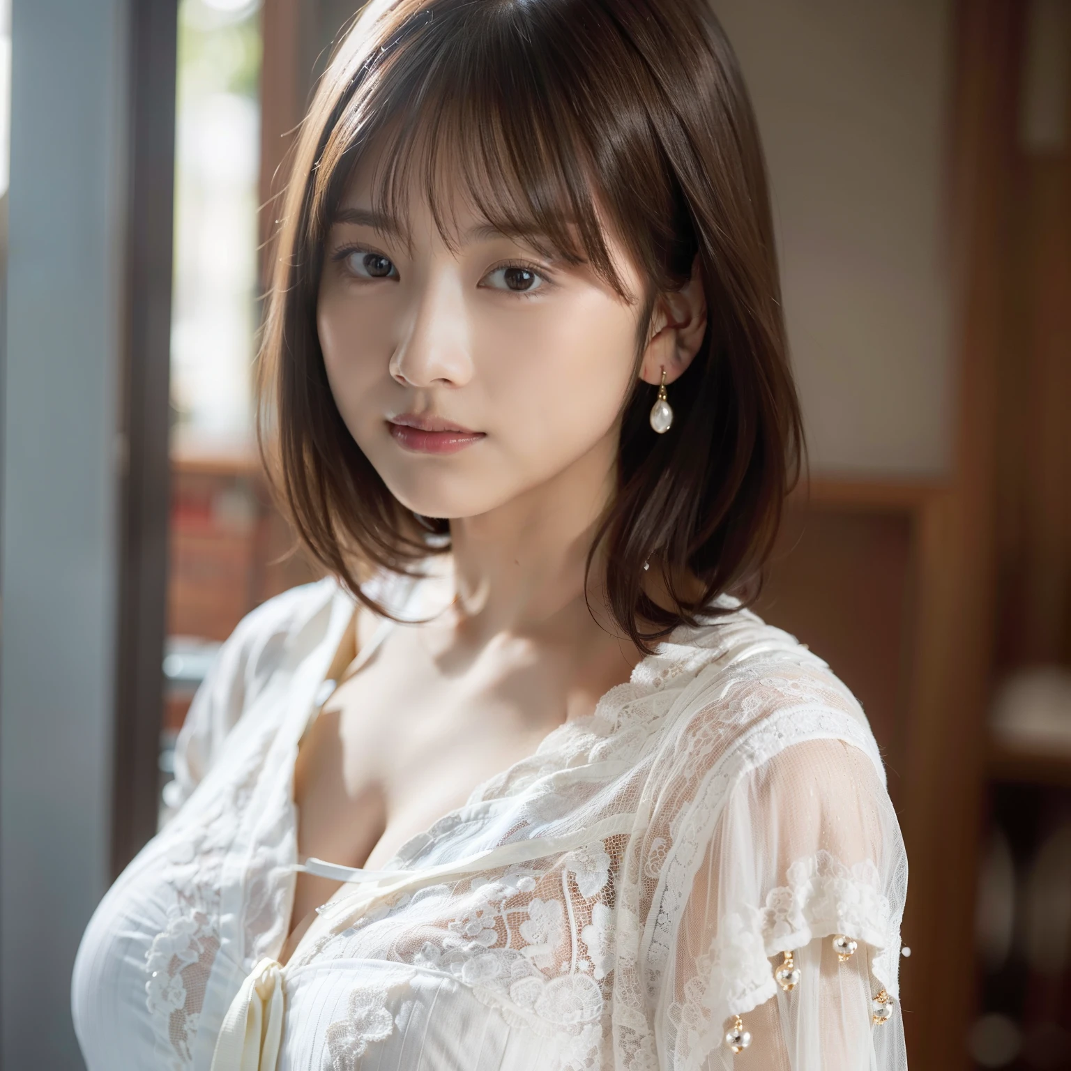 (8k、Raw photo、highest quality、Masseter muscle part:1.2)、super detailed、super resolution、(realistic、realistic pictures:1.37)、Portrait、High-definition RAW color photo、professional photography、hvery detailed and beautiful、very detailed、8k Picture Wallpaper、amazingly detailed、huge file size、official art、Hvery detailed CG Unity 8k wallpapers、very detailed美しさ、very detailed顔、very detailed目、very detailed肌、very fine fingers、hvery detailed nose、very detailed詳細な口、perfect anatomy、detailed background、detailed clothing、1 girl、30 generations:1.4、Beautiful woman、realistic body、、white skin、glowing skin、Because I'm slender、handsome body、black haired、short hair、(Brantbang: 1.2)、shy smile、cute、cute faces、lifelike face、delicate eyes、ordering sauce、See-through、earrings、looking at camera、cowboy shot、positive、standing athletic pose、contrapo、dynamic lighting、medium breasts、beautiful feet、Upper body:1.3、gravure、full body shot