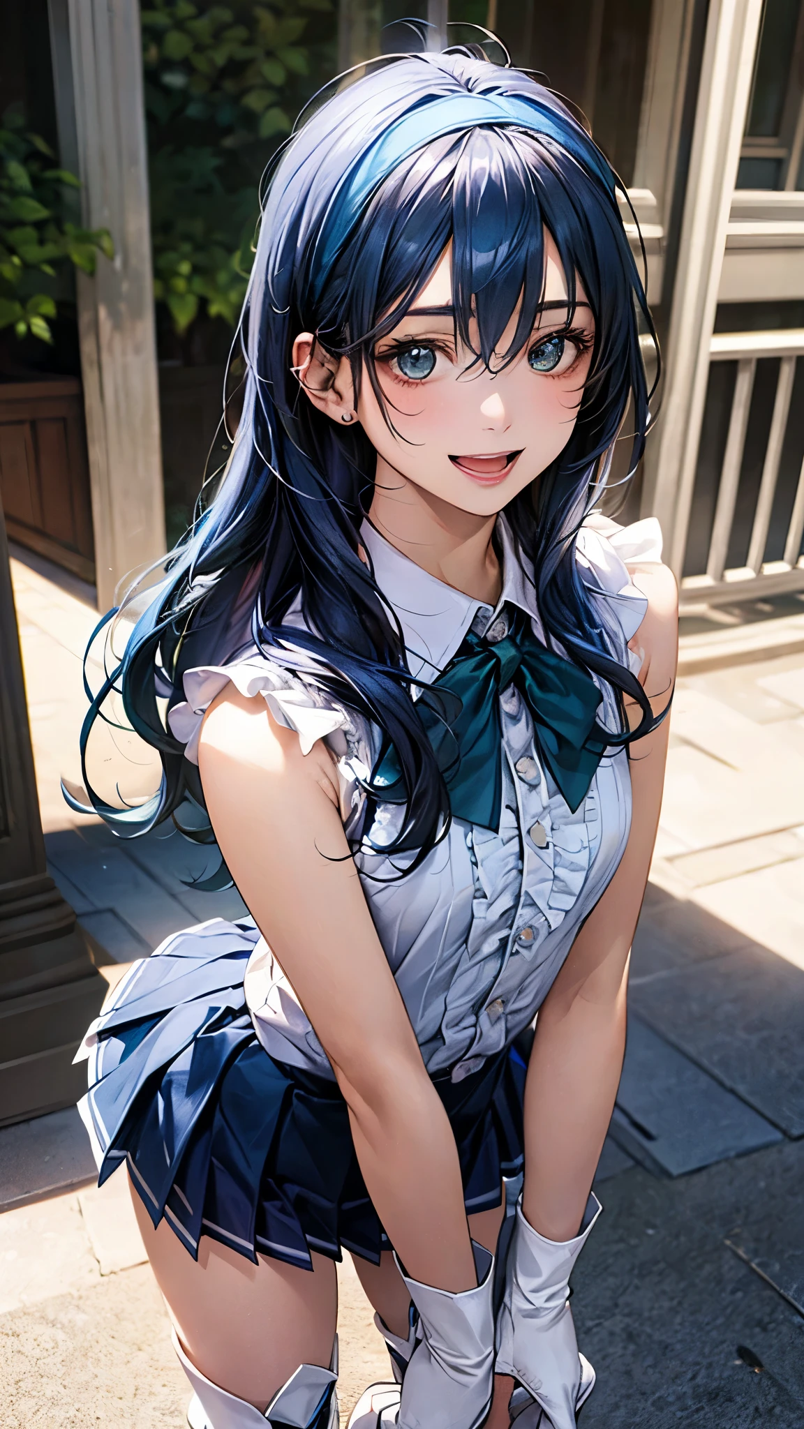 (masterpiece:1.3, top-quality), (realistic, photorealistic:1.4), beautiful illustration, (natural side lighting, movie lighting), depth of fields,
looking at viewer, (face focus, upper body), 1 girl, japanese, (idol), high school girl, perfect face, cute and symmetrical face, shiny skin,
(long hair:1.7, straight hair:1.4, light blue hair), hair between eyes, emerald green eyes, long eye lasher, (large breasts: 0.9), slender, ((dark blue headband)),
beautiful hair, beautiful face, beautiful detailed eyes, beautiful clavicle, beautiful body, beautiful chest, beautiful thigh, beautiful legs, beautiful fingers, break,
((sleeveless white frill collared shirt, white boots)), break,
blue bow tie, blue pleated skirt, break,
(beautiful scenery), evening, (outdoors), standing, , (lovely smile, upper eyes, open mouth small),