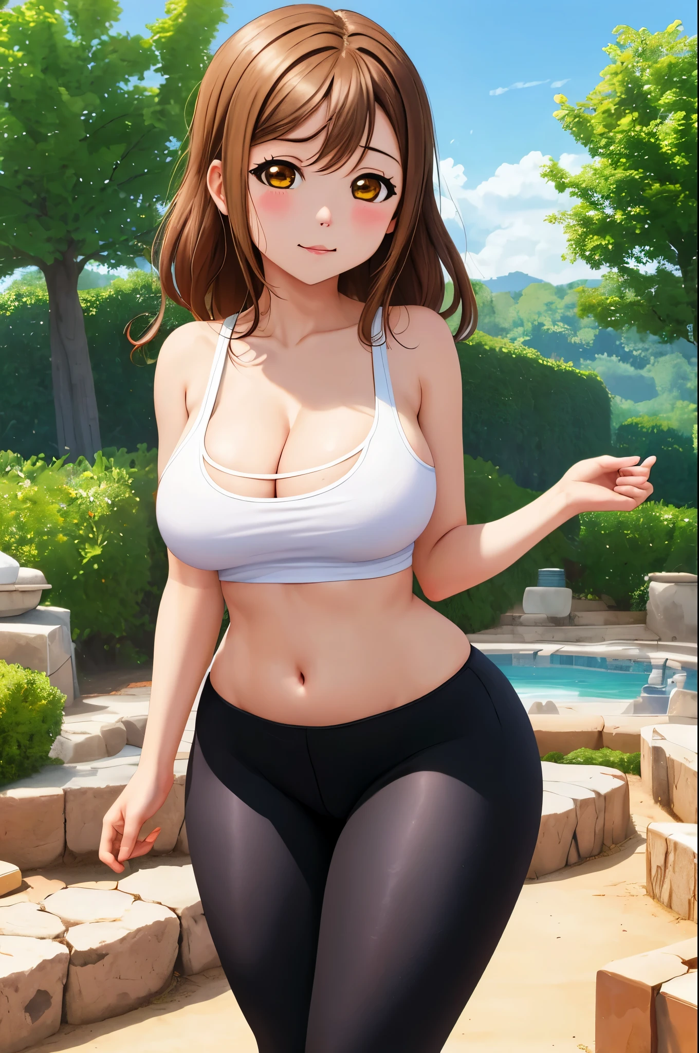 masterpiece, best quality, solo, cowboy shot,kunikida hanamaru, no bra ,(chibi:1.2), curvy body, tank top, navel, yoga pants , outdoor, standing