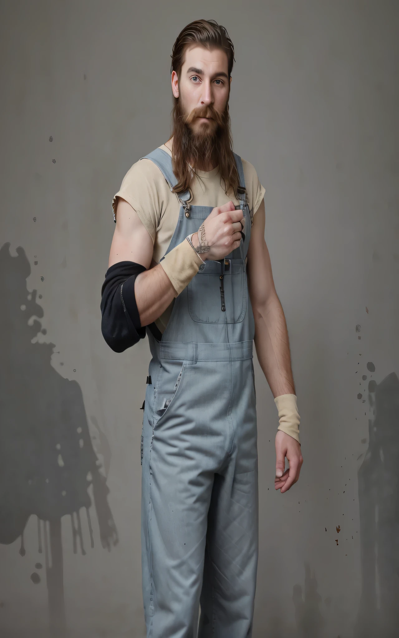((masterpiece, best quality)),there is a dirty caucasian man with thick sideburns mustache and face stubble with short hair on top long hair in back of head and dirty wrist tape on his arm, dirty oily overalls grey dirty cloth shirt, wearing dirty cloth overalls, realistic face male character, wearing holey overalls, highly detailed character, long hair artist wearing overalls, photo realistic, intricate details