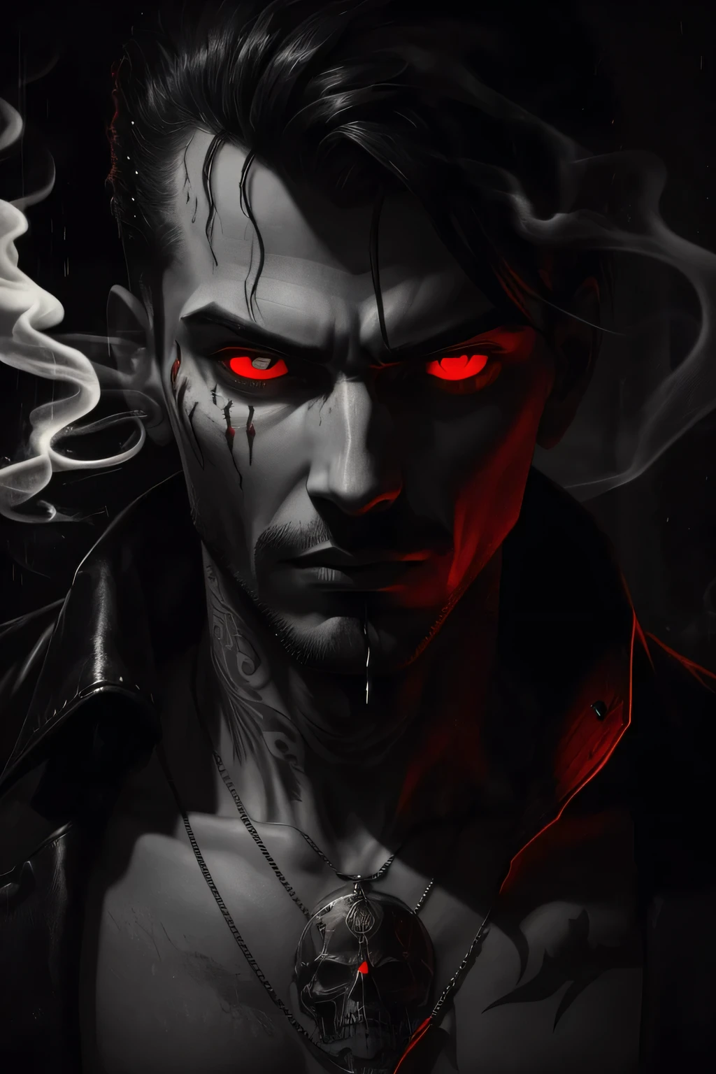retrato de um homem macabro em preto e branco com olhos vermelhos, ele esta fumando, It&#39;s raining outside and he has machine gun tattoos on his neck