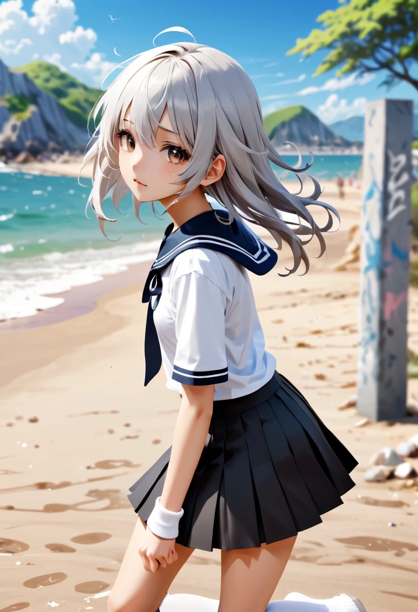 Graffiti漫画,Graffiti, wall, whole picture, high resolution和高对比度,simple,((masterpiece)), ((best quality)), ((high resolution)), ((Extremely detailed CG unified 8k wallpaper)), alone, Tachibana, tan school uniform, black skirt, white socks, Outdoor sports, Face, beach, drool hair, parted hair, silver hair