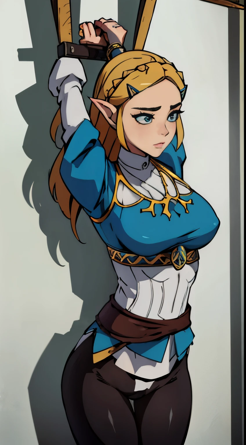 Princess zelda wearing tight shirt, black pants, tied up and restraint, BDSM, bondage, ropes all over her body, large breasts, 