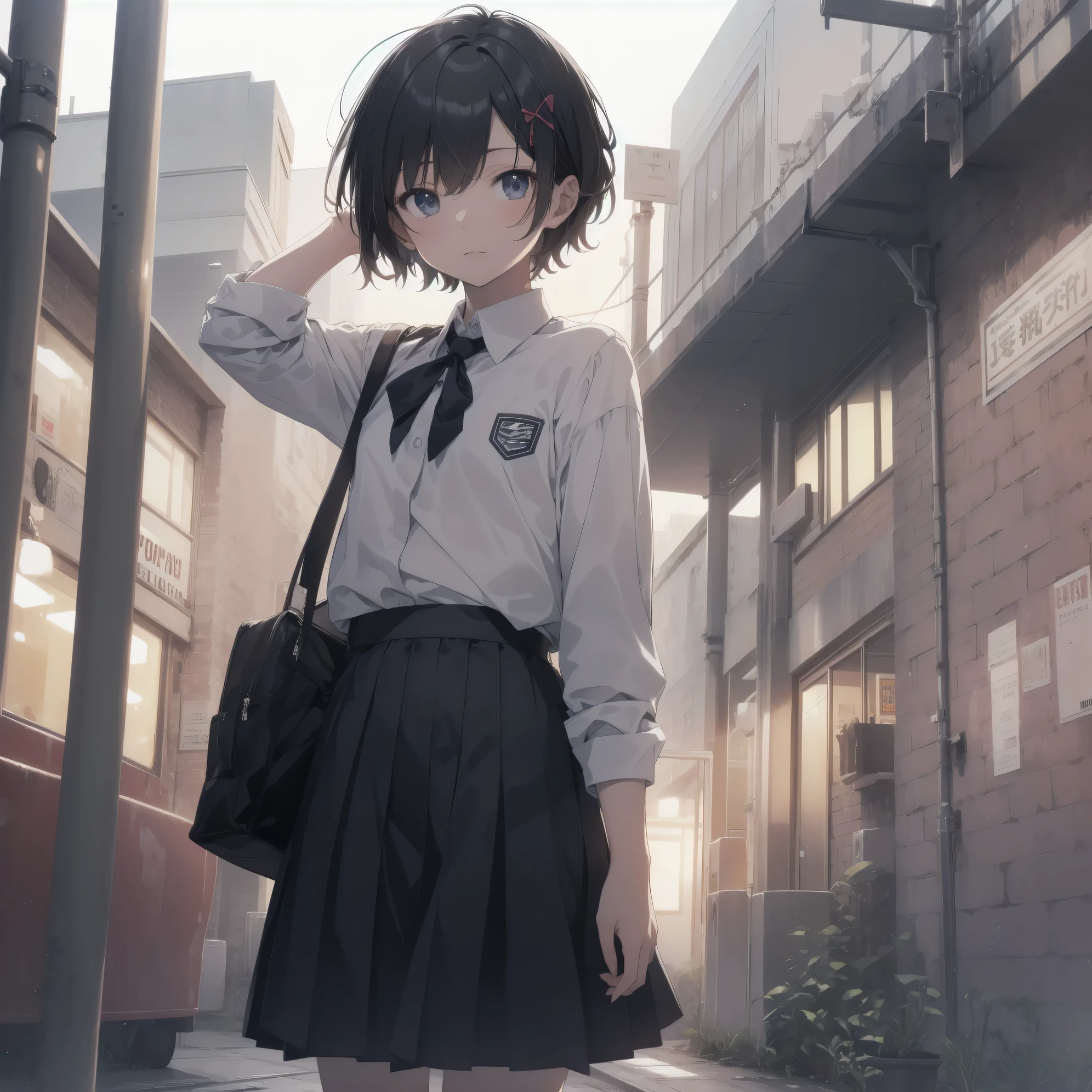 Ultra-highest quality by the art god, super detailed, High resolution, anime moe art style, Best Anime 8K Kona-chan Wallpaper, pixiv contest winner, perfect anatomy, break,(眠そうにalone学校へ行く女の子を描いてください. )break,1 girl, (alone,little woman, , 13 years old:1.3),All limbs, full finger,, The charm of an immature body, (very short hair), bangs, flat chest, Small Bodysuits, small ass, between legs, small black eyes, detailed and beautiful eyes, Well-proportioned iris and pupils, expressive eyes, High resolutionの詳細な髪, ribbon, neck ribbon, skirt, collared shirt, pleated skirt, school uniform, school bag,(detailed lighting), (detailed background), On the way to school. break,super dense skin, Best lighting by famous artists, 8k, cute illustration,Hmm, rough skin,Absurd Hi-Res