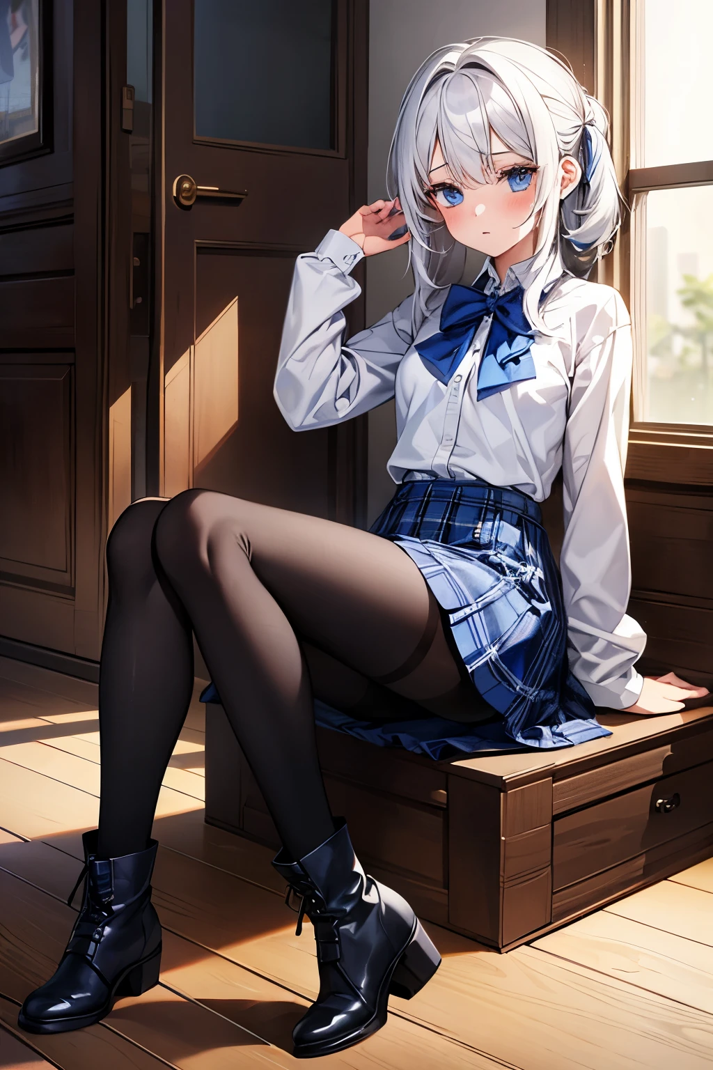 masterpiece, best quality, {best quality}, {{masterpiece}}, {high resolution}, girl，student，Uniforms，jk ，blue plaid skirt，white hair，cute，1girl，Small black boots，white pantyhose，beauty，big blue eyes