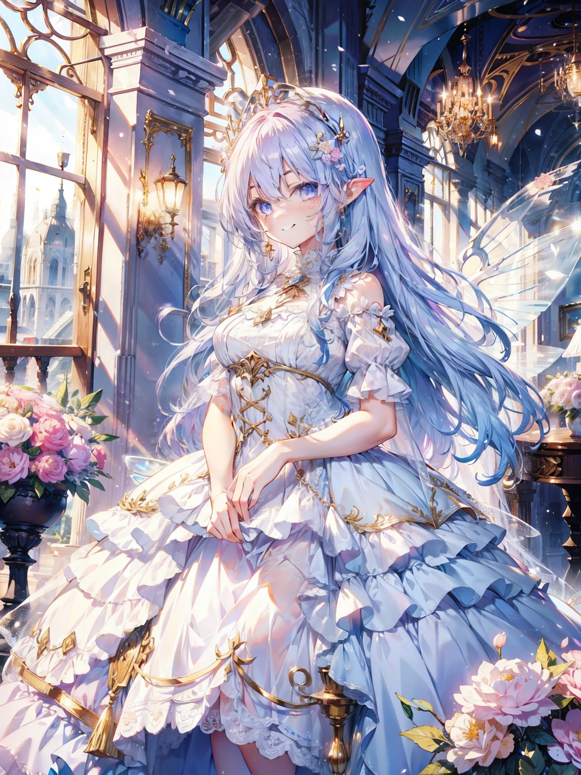 soft expression,((light smile,Happy:1.5))((Sparkling fluffy layered ball gown)),A large and beautiful dress inspired by rose flowers, lots of flowers、frills、Intricate billowy ball gown with rhinestones ( table top, art station, fantasy art:1.2), See here,Standing with an elegant smile，pastel colour,((giant white fairy wings))、gradient hair, light blue hair, hair blowing in the wind, wavy hair,fluffy hair,tiara,lavender eyes, long eyelashes, beautiful eyes、light pink cheek,pointy ears, bright eyes, long and thin legs, golden hour, shining light, warm lighting,