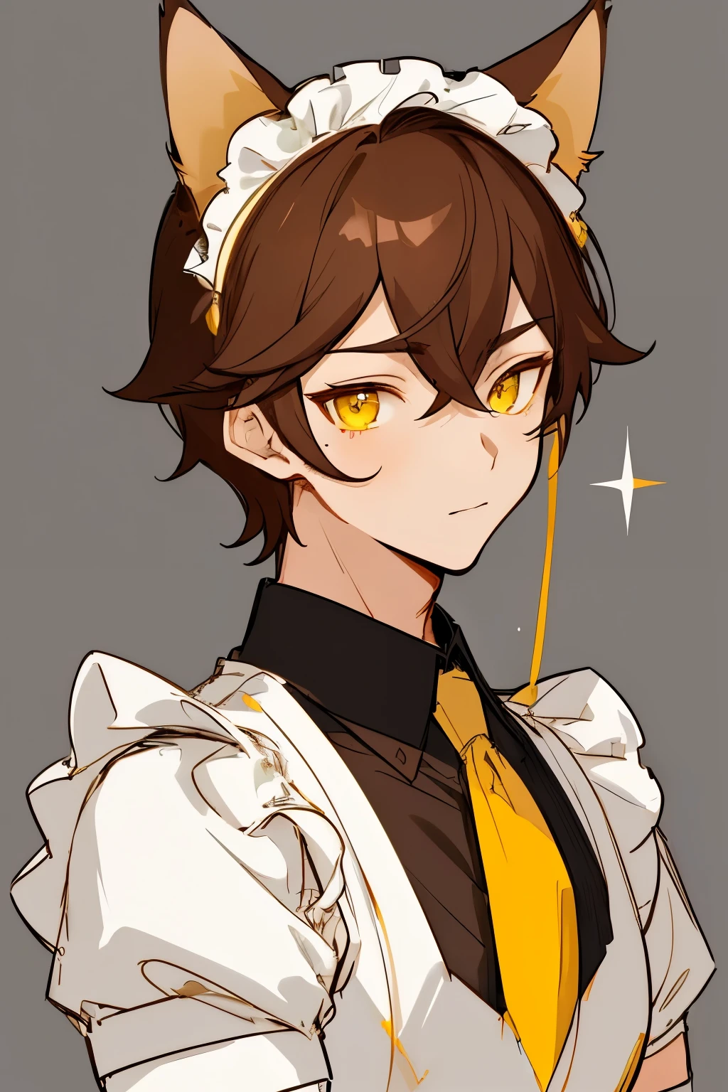 a drawing of a man in ((french maid dress)), concept upperbody art, ((brown hair)), ((yellow eyes)), cat ears, male character design, trigger anime artstyle, detailed character portrait, rossdraws, anime style character, detailed character art, human male character art, rossdraws 2.0, ryan glitter concept artist