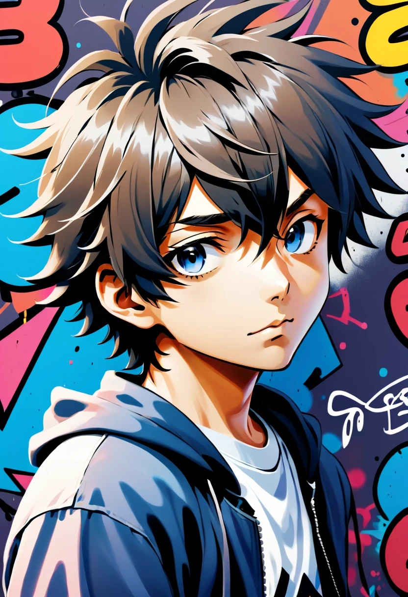 Graffiti漫画，Graffiti, wall, whole picture, High resolution and high contrast,simple,role assistant, anime style numbers, (close up) male character portrait, Shigeru Miyamoto&#39;artwork, loish and wop