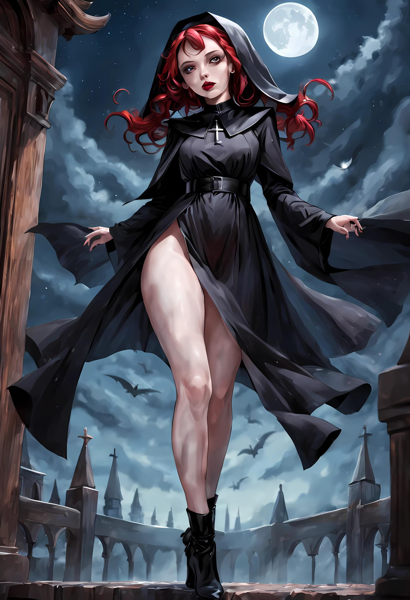 a picture of an exquisite beautiful female action shot (nun: 1.3) vampire standing under the starry night sky on the porch of her monastary, dynamic angle (ultra detailed, Masterpiece, best quality), ultra detailed face (ultra detailed, Masterpiece, best quality), ultra feminine, (pale skin: 1.3), red hair, wavy hair, dynamic eyes color, cold eyes, glowing eyes, intense eyes, dark red lips, [fangs], wearing white nun habit (ultra detailed, Masterpiece, best quality), wearing blue cloak (ultra detailed, Masterpiece, best quality), long cloak, flowing cloak (ultra detailed, Masterpiece, best quality), wearing high heeled boots, sky full of stars background, moon, bats flying about, action shot, high details, best quality, 16k, [ultra detailed], masterpiece, best quality, (ultra detailed), full body, ultra wide shot, photorealism, dark fantasy art, dark fantasy art, gothic art, many stars, dark fantasy art, gothic art, sense of dread, bloodmagic