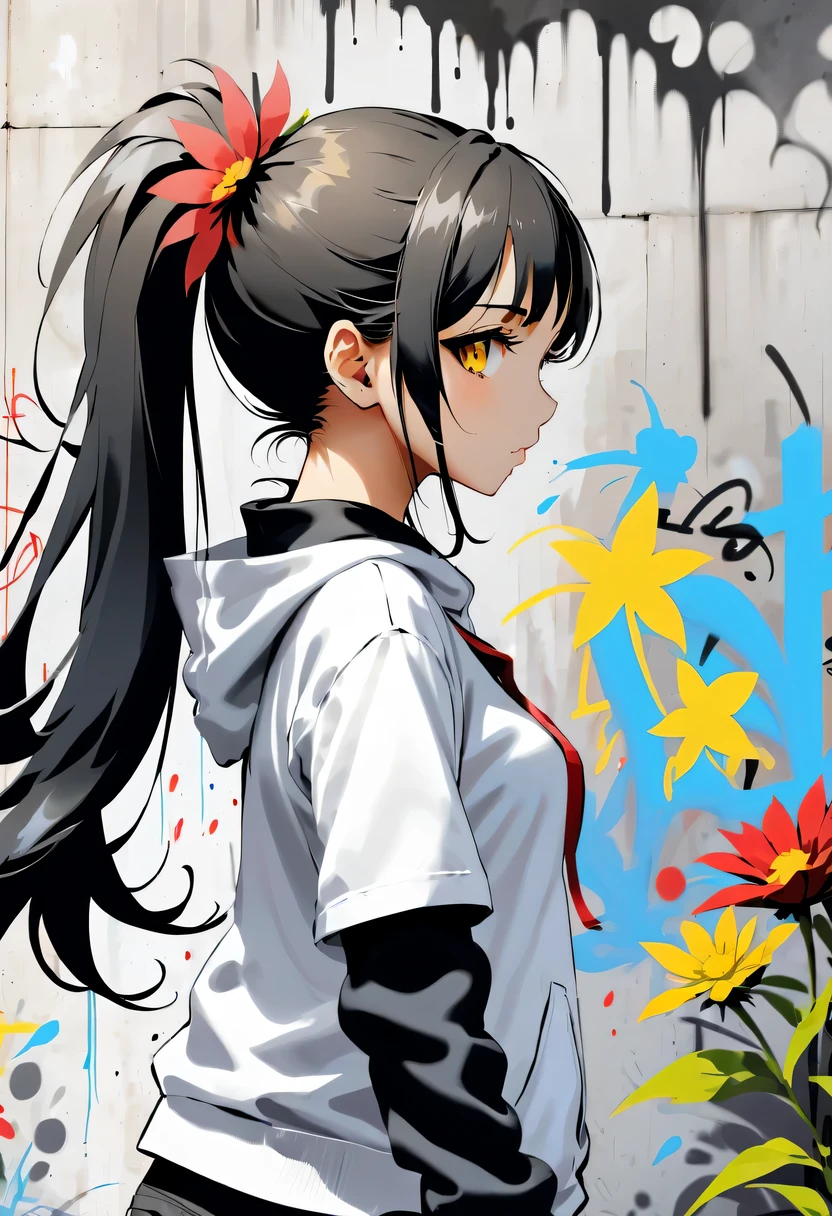 Graffiti漫画，Graffiti, wall, whole picture, High resolution and high contrast,simple,I, alone, 1 girl, yellow_student, +_+, Black_hair, High_ponytail, Red_flower_hair_decorate