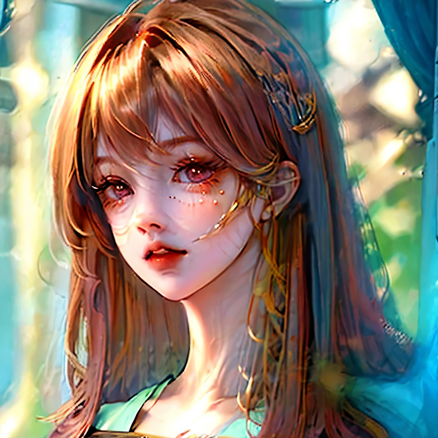 a cool girl with TWO tones hair, a strawberry blonde bangs and hush cut dark red hair. Small eyes and unsymmetrical, pointed nose, and medium lips. 