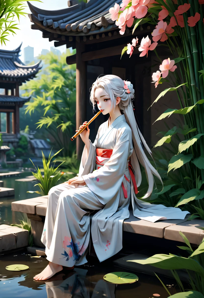 Graffiti漫画,Graffiti, wall, whole picture, High resolution and high contrast,simple,two-dimensional, Ancient, spring garden, outdoor, white hair, Hanfu, nature, There is a pool in the center of the courtyard, Begonia floating in the pond, Girl sitting on the bench in the corridor, Wearing a transparent feather robe, holding bamboo flute, casual body posture, intricate details, best quality, Ray tracing, rendering, 8k, masterpiece